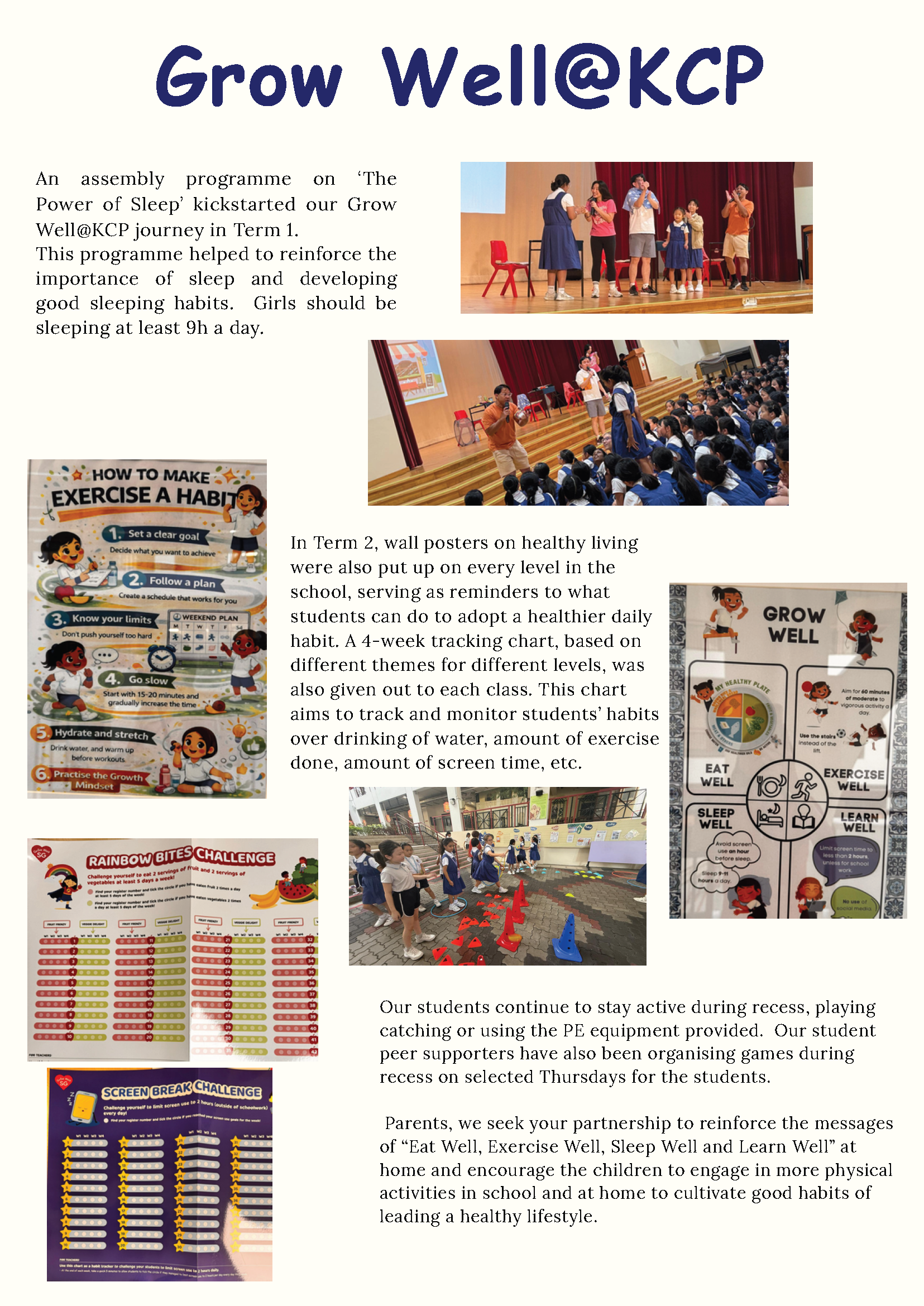 School newsletter titled Grow Well@KCP with photos of students at assembly and healthy habit posters.