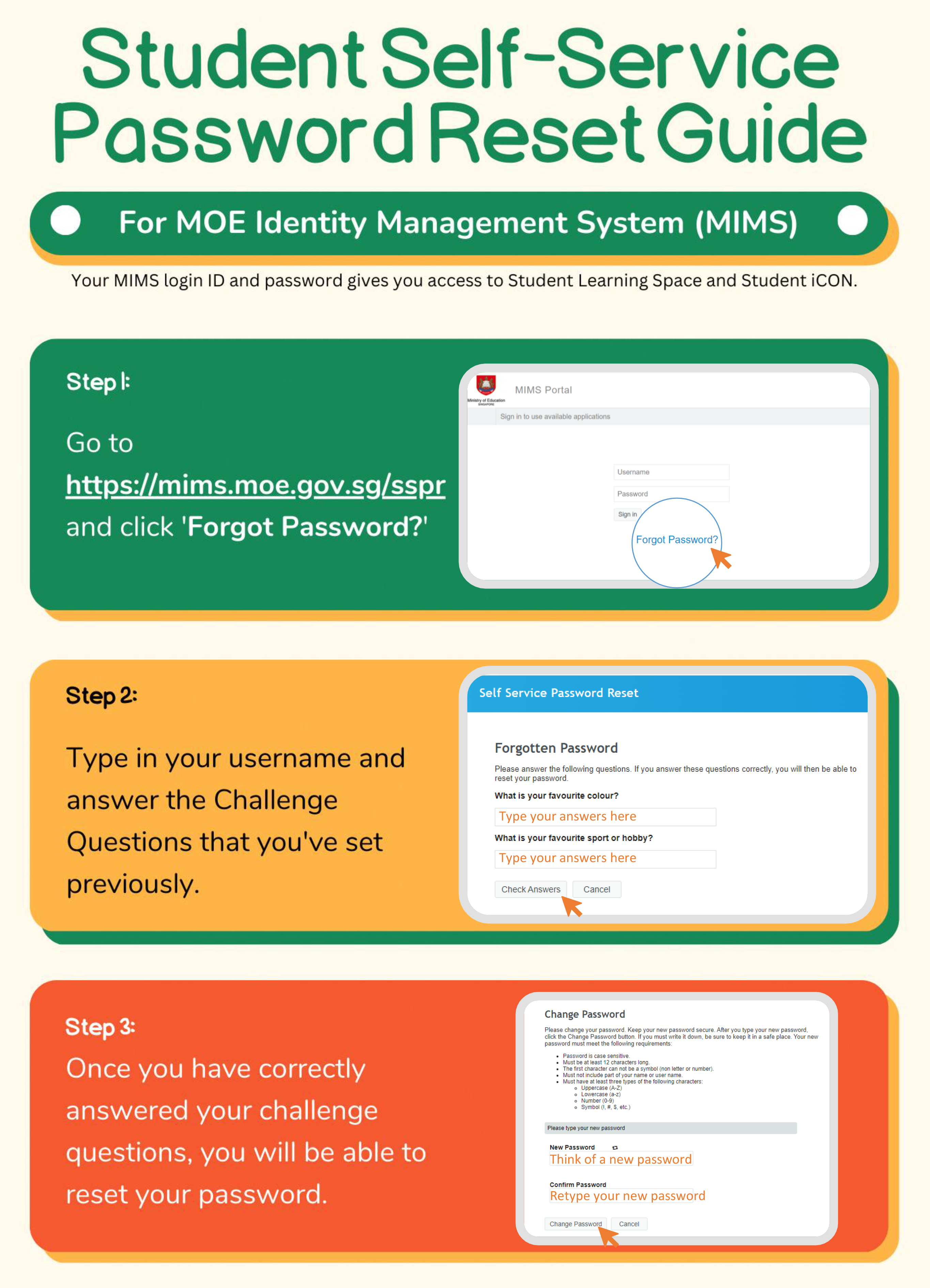 Three-step guide for resetting a student MIMS password, showing portal login, challenge questions, and change password screens.