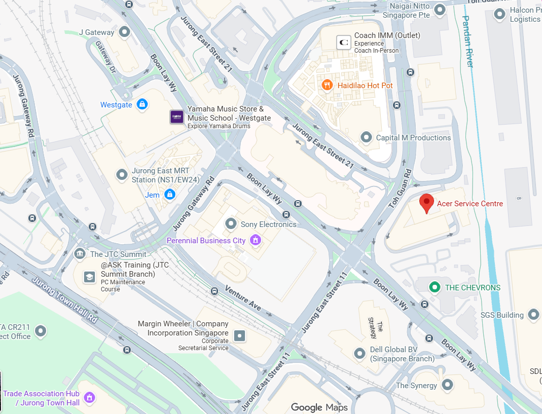 Google Maps view of Jurong East, Singapore, with a red pin marking Acer Service Centre near Toh Guan Road.