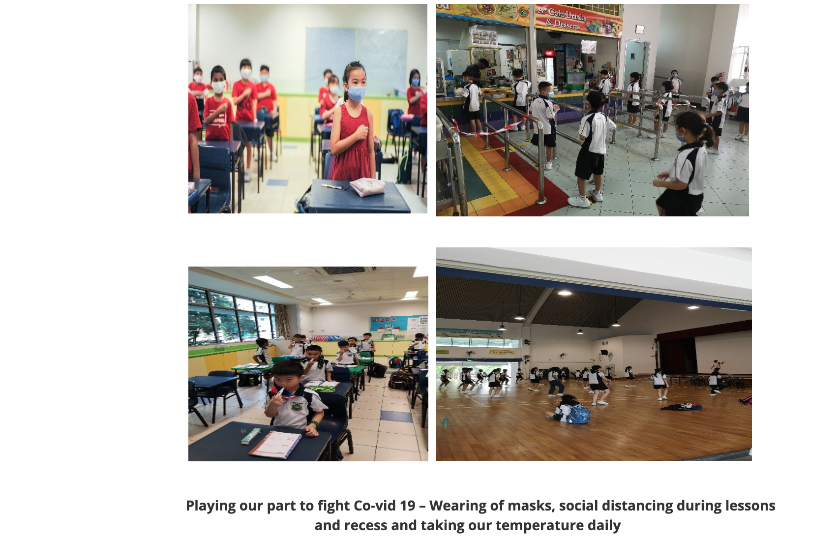 Four photos of masked school children practicing social distancing in classrooms, a canteen queue, and a gymnasium.