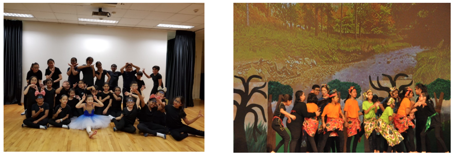 Children in black outfits pose in a dance studio, and perform on stage with colorful costumes before a forest backdrop.