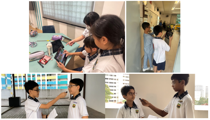 Four photos of school students in white uniforms using tablets and conducting interviews with microphones.