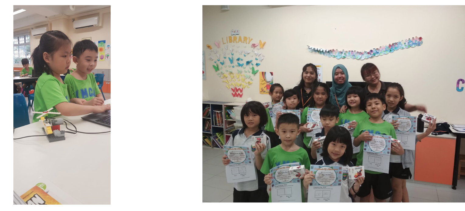 Two children work on a laptop with a Lego model; separately, a group of children and adults hold certificates in a library.