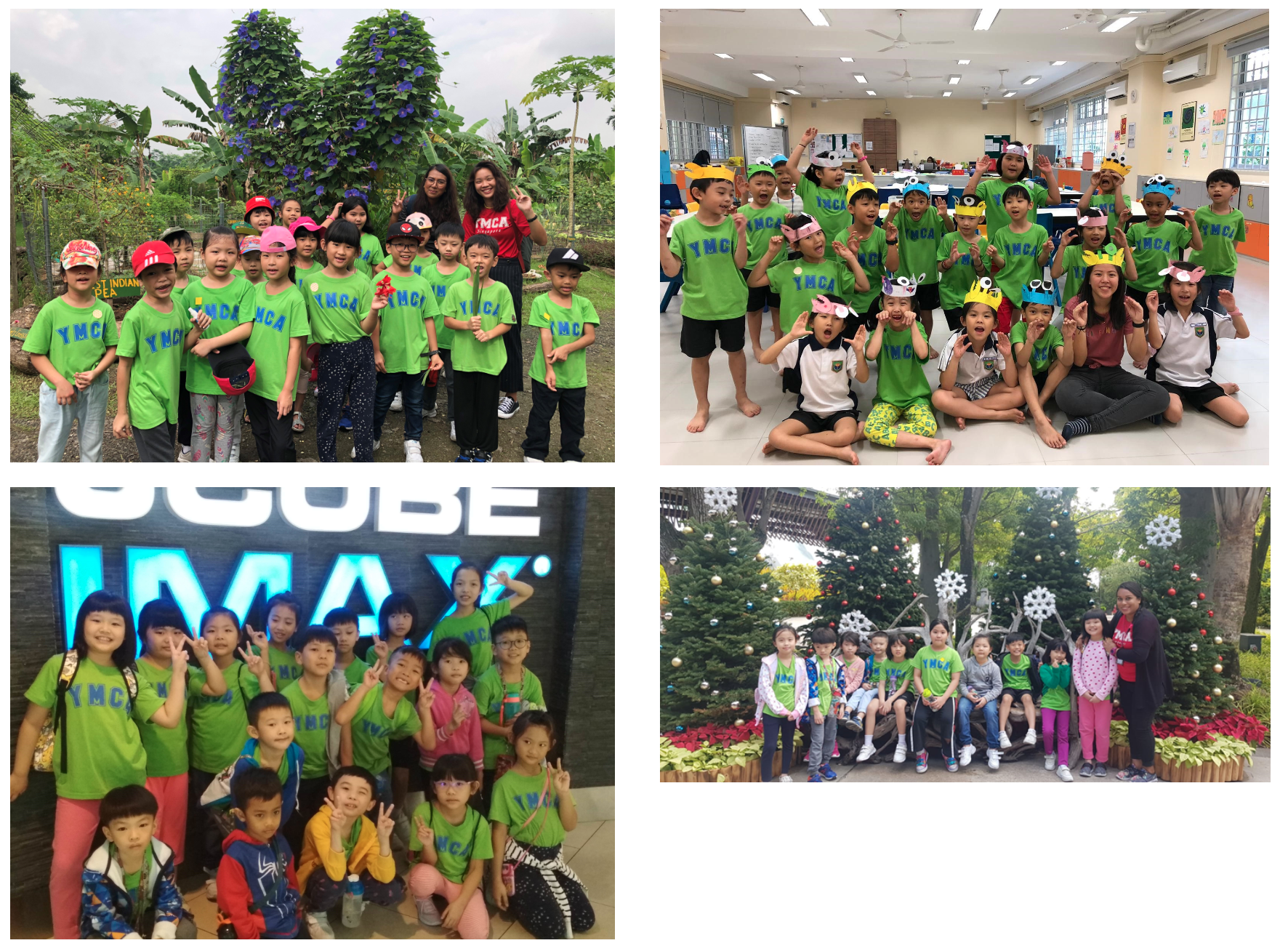 Collage of kids in green YMCA shirts posing outdoors, in a classroom, at a lit sign, and by Xmas trees.