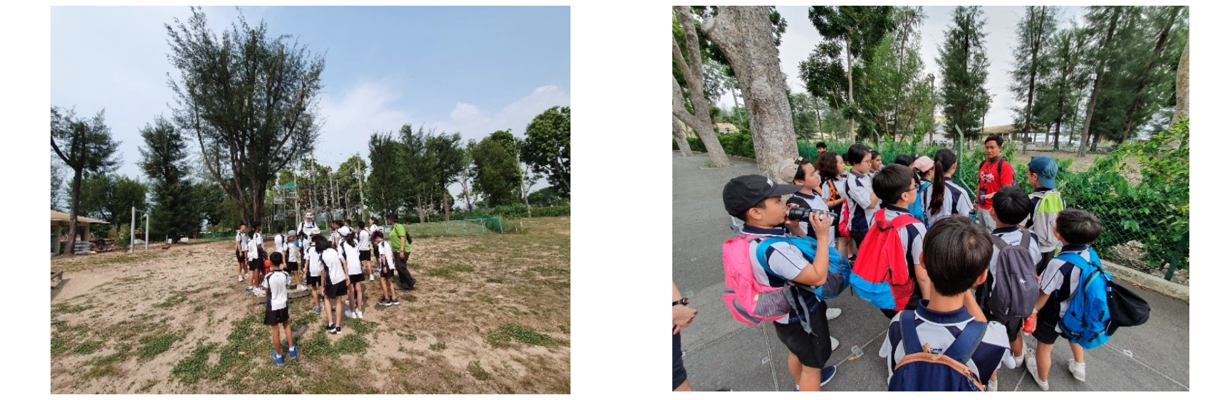 Students in white uniforms with backpacks gather outdoors near trees during what appears to be a school field trip.