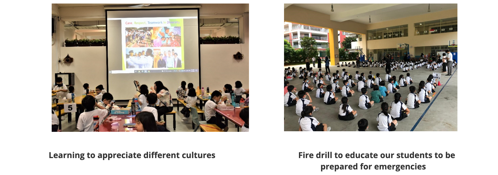 Two school scenes: students watching a diversity presentation indoors, and students seated outdoors during a fire drill.