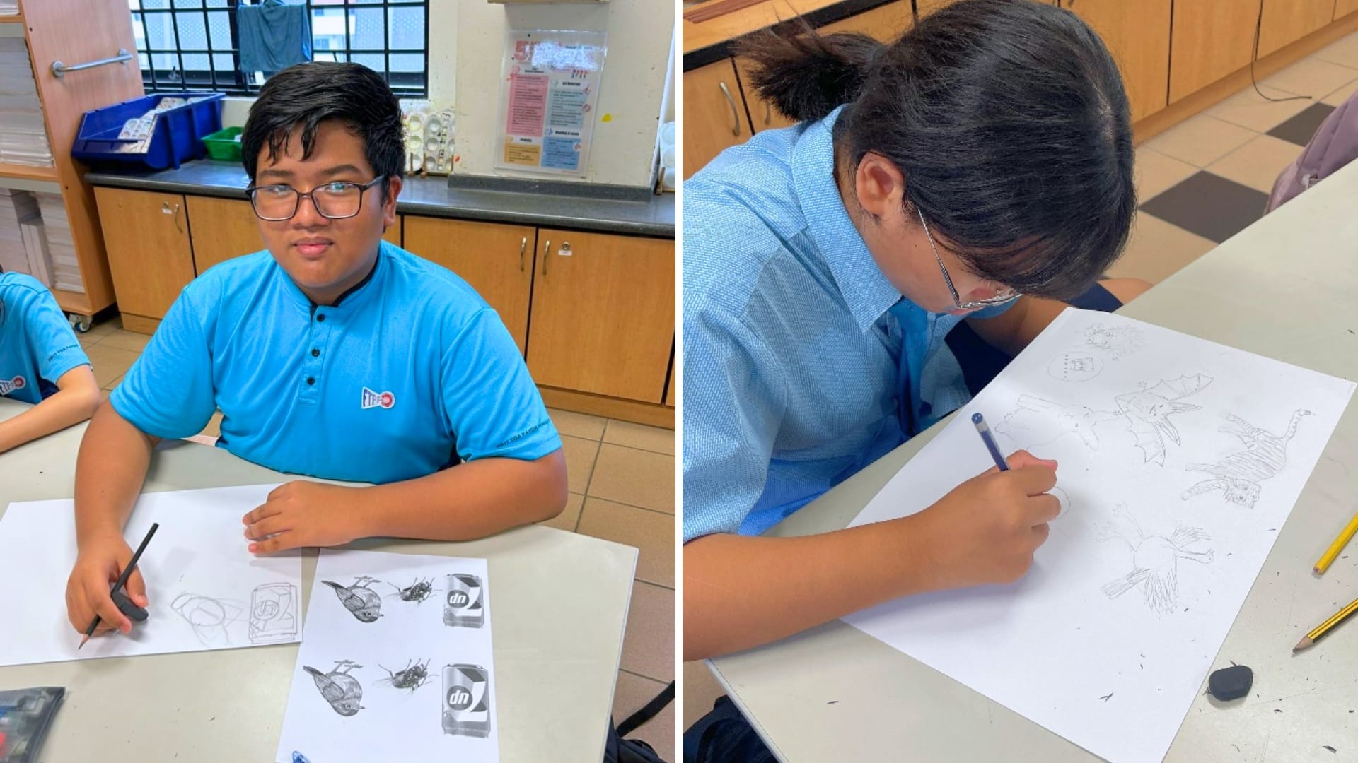 Students at an art club sketch and draw animals and objects at classroom tables while practicing observation and design skills.