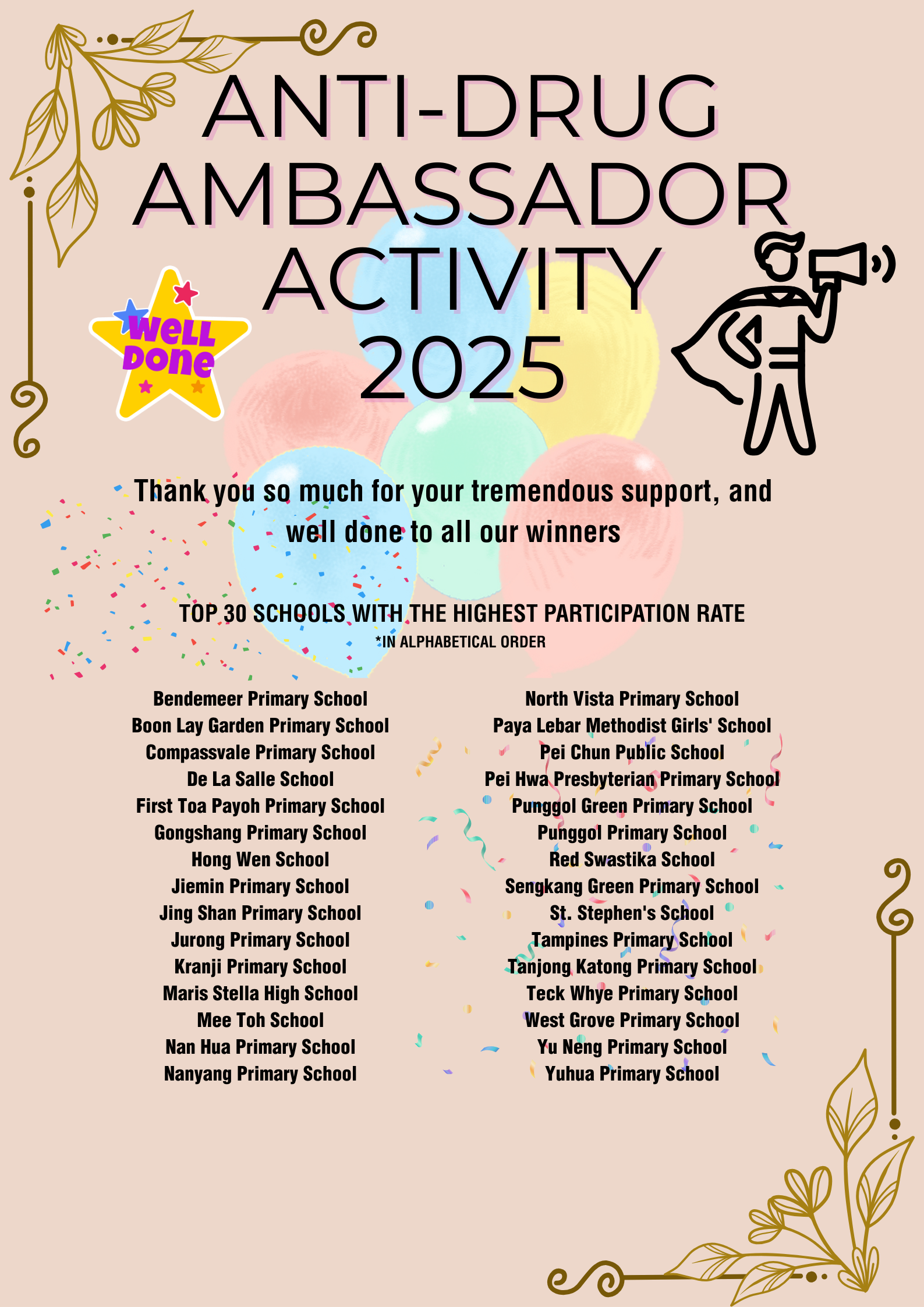 Poster recognising First Toa Payoh Primary School as one of the top 30 schools in the Anti-Drug Ambassador Activity 2025.