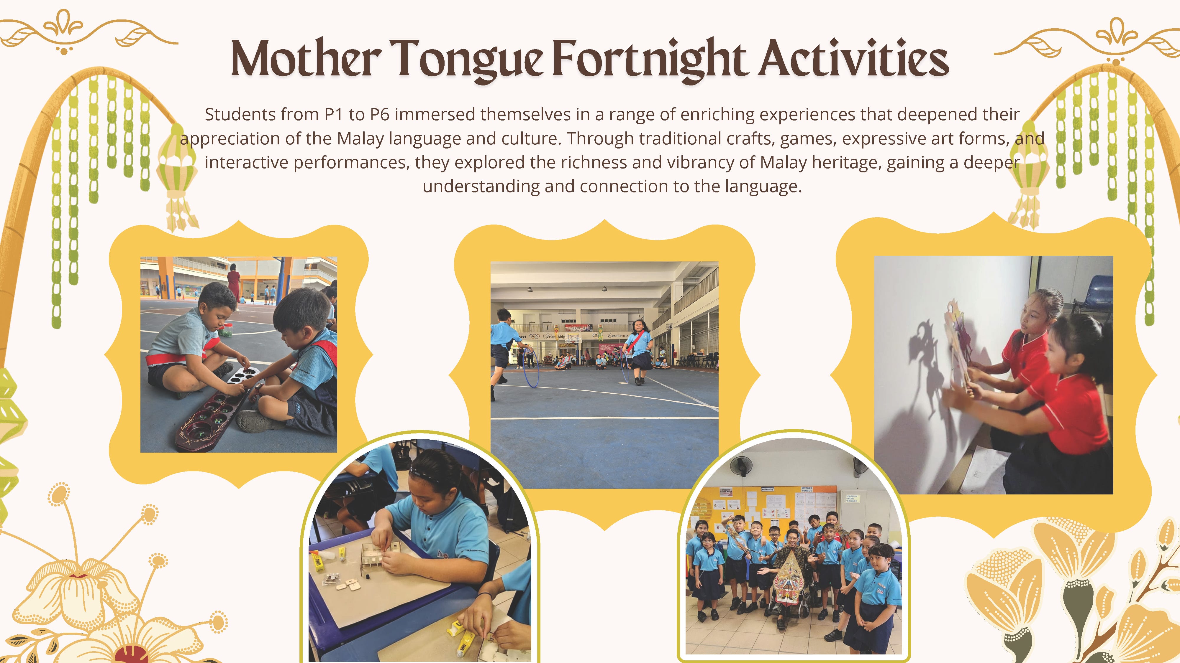 Flyer titled Mother Tongue Fortnight Activities showing five photos of school children doing crafts, games, and cultural activities.