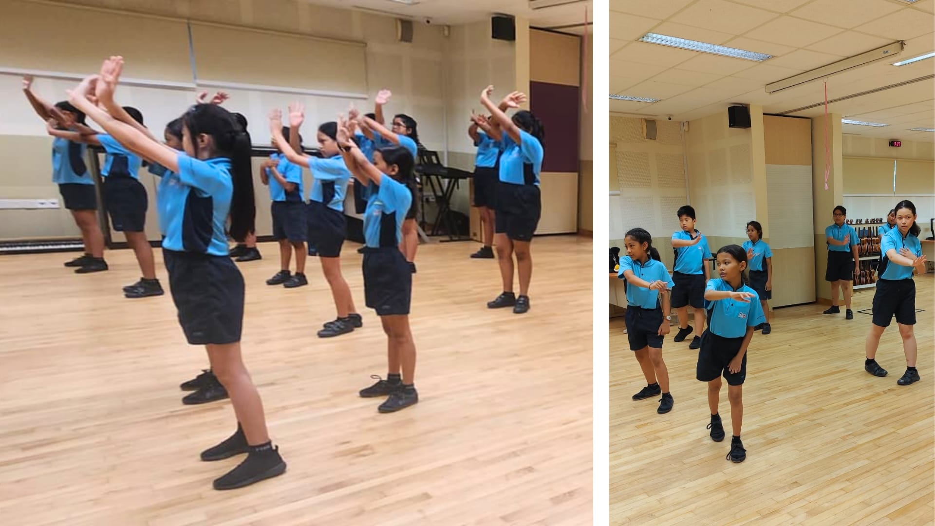 Students rehearse a dance routine in a hall, practicing coordinated arm movements and formation changes on a wooden floor.