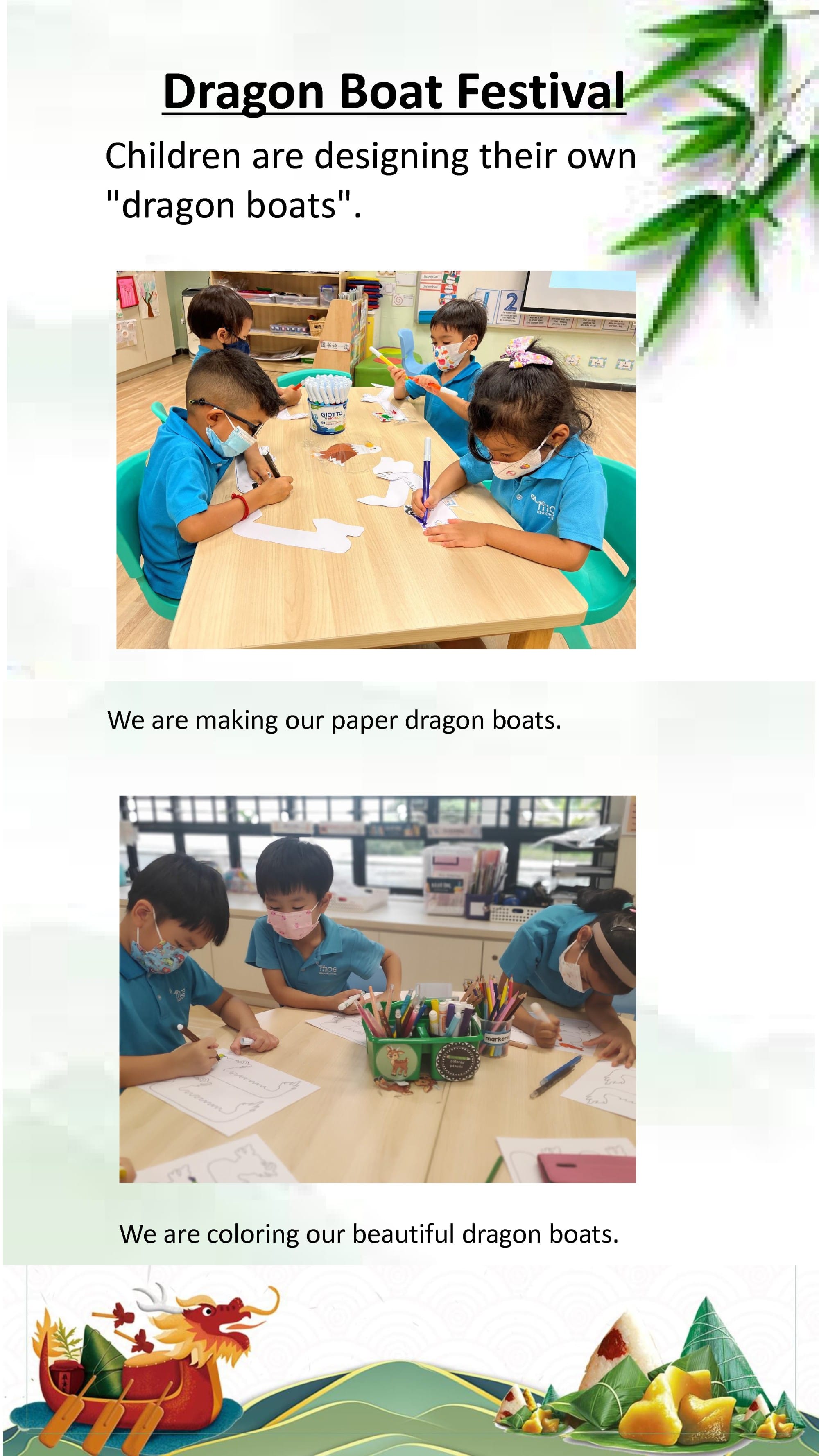 Children create and decorate paper dragon boats, learning about Dragon Boat Festival traditions through hands-on art activities.