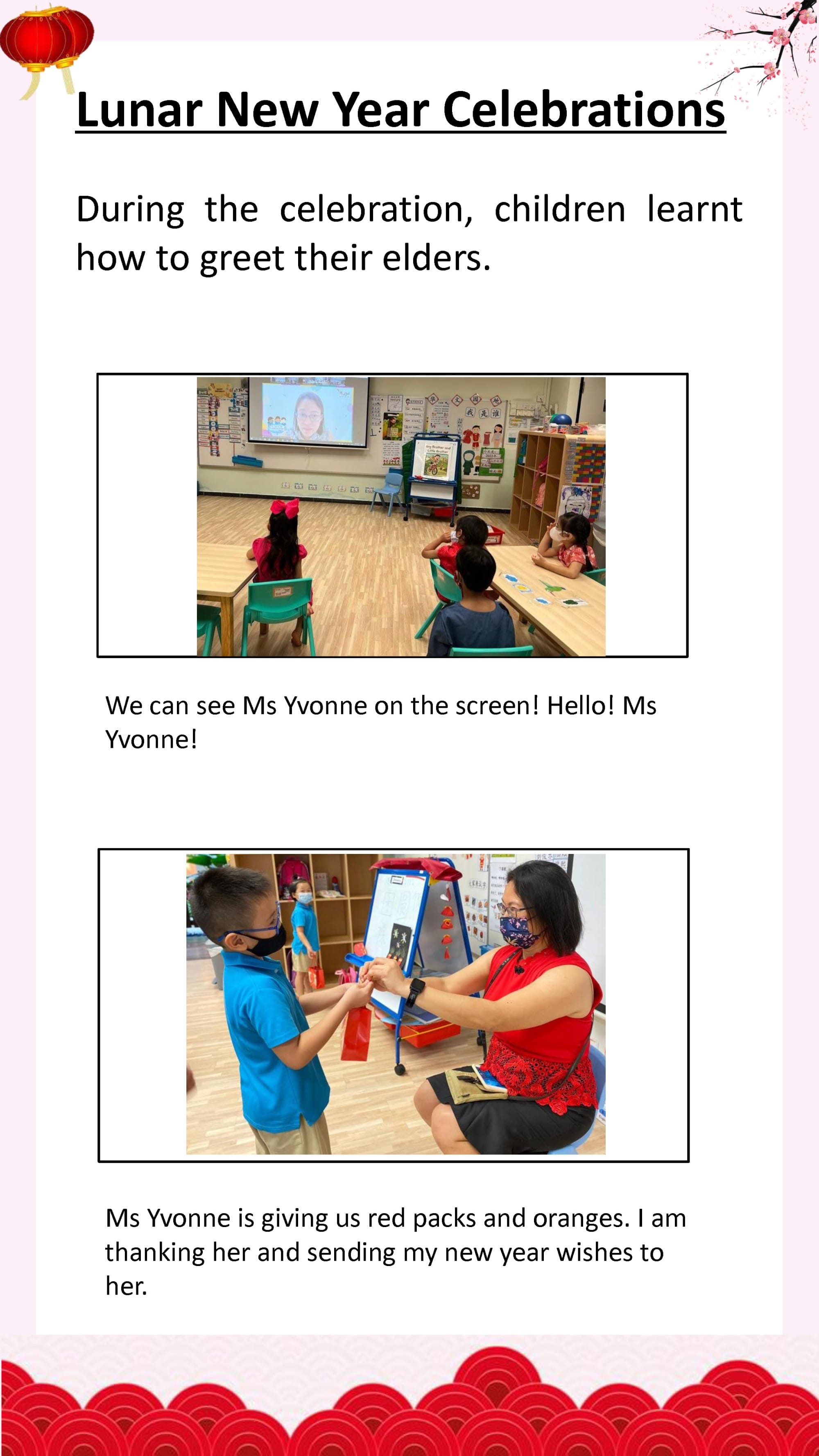 Children learn Lunar New Year customs, greet elders, and receive red packets and oranges during classroom celebrations.