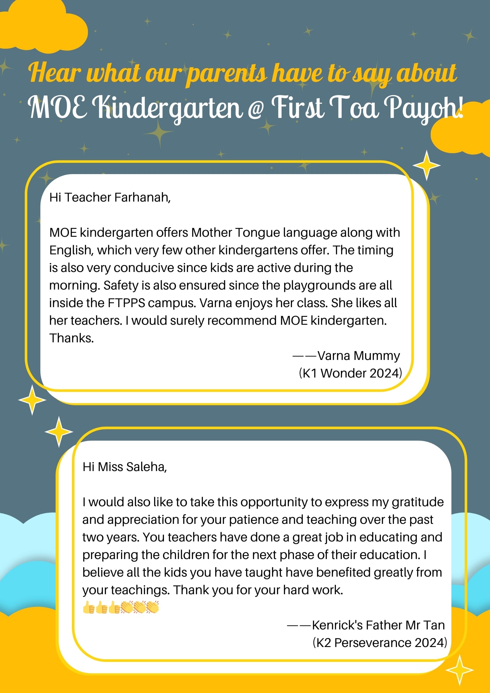 Two parent testimonial letters praising MOE Kindergarten at First Toa Payoh on a dark teal background with clouds.