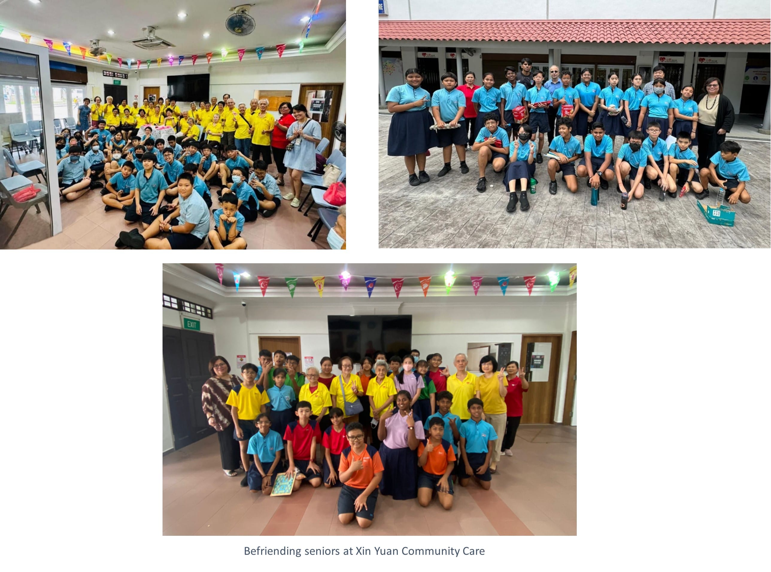 Three group photos of school students in blue uniforms posing with elderly seniors indoors and outdoors.