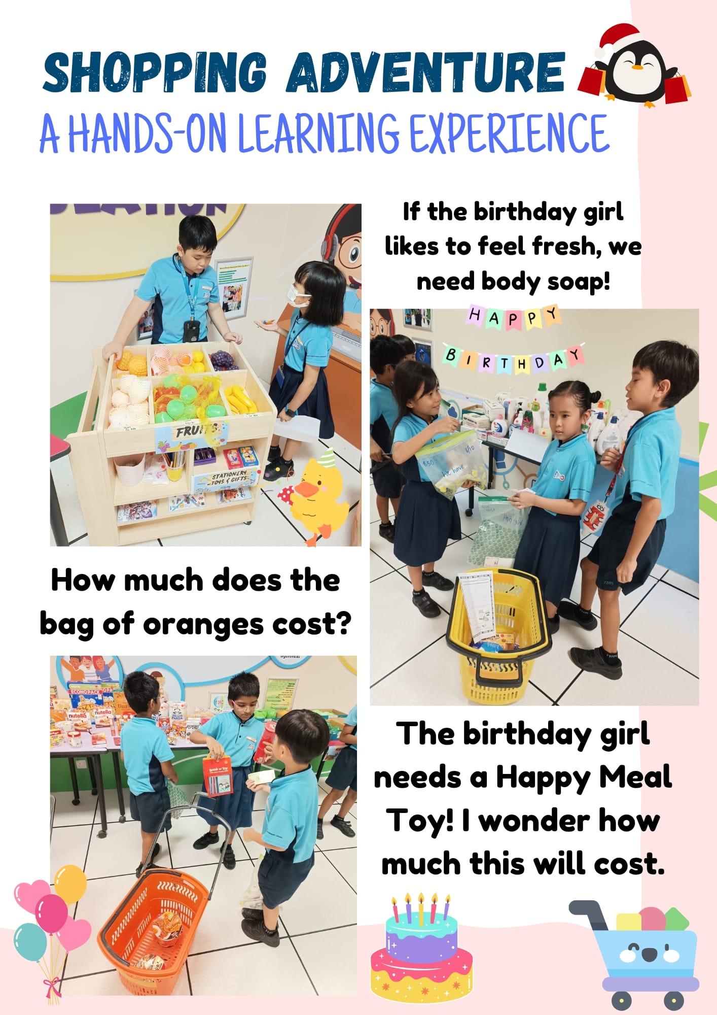 Flyer titled Shopping Adventure showing young children in blue uniforms doing a hands-on shopping activity at school.