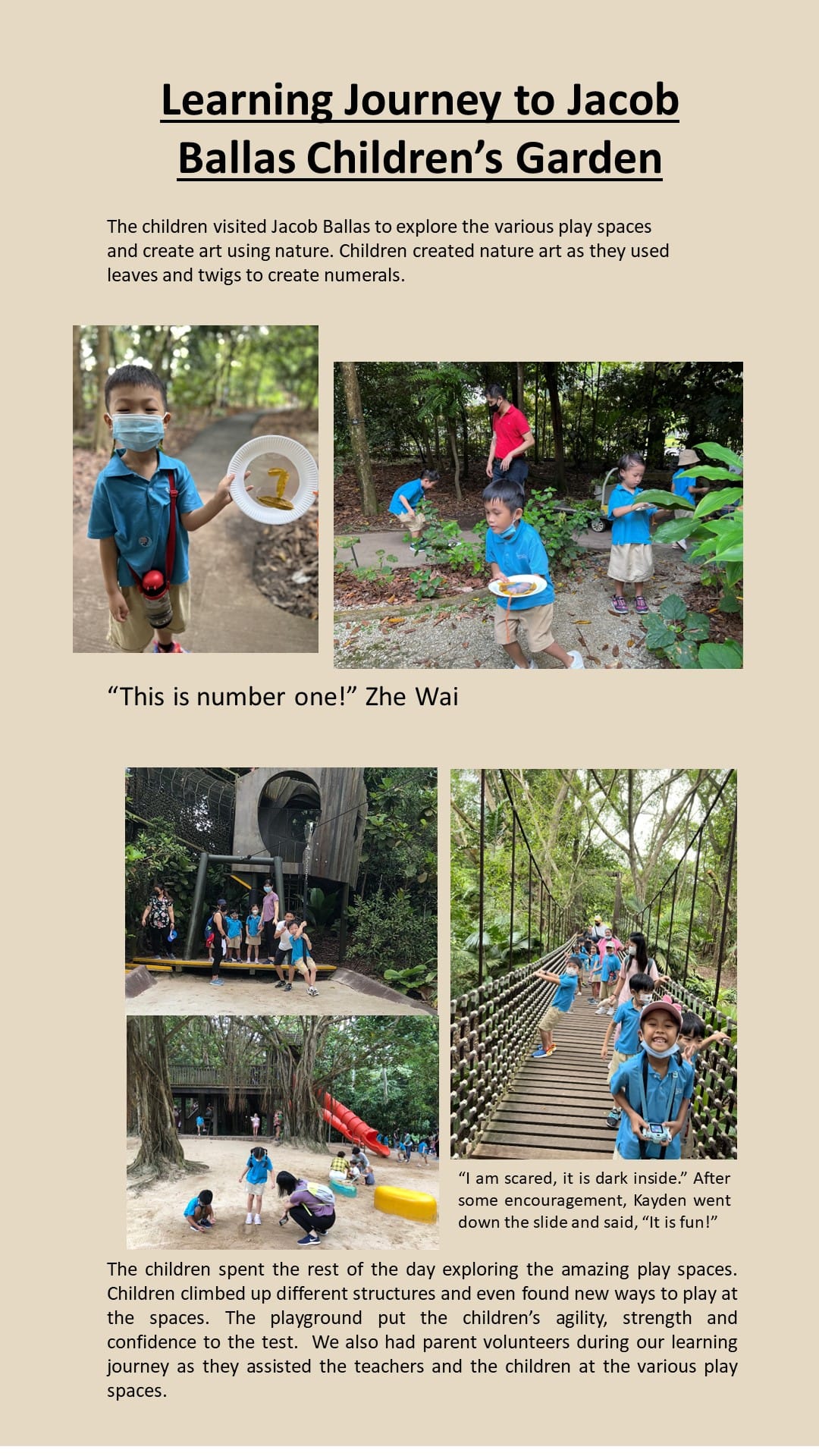 Children explore Jacob Ballas Children's Garden, creating nature art with leaves and twigs and playing on outdoor adventure structures.