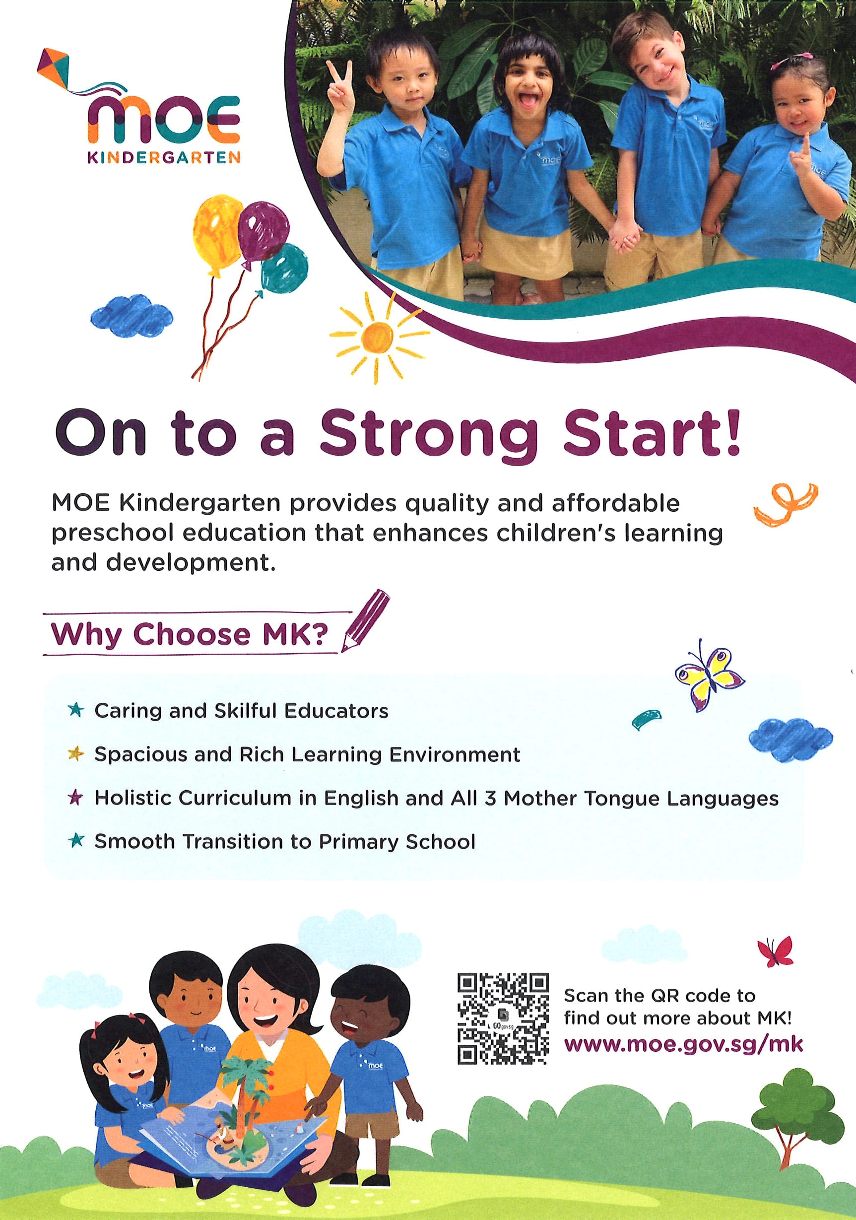 MOE Kindergarten promotional flyer showing four smiling children in blue uniforms and text about preschool education benefits.