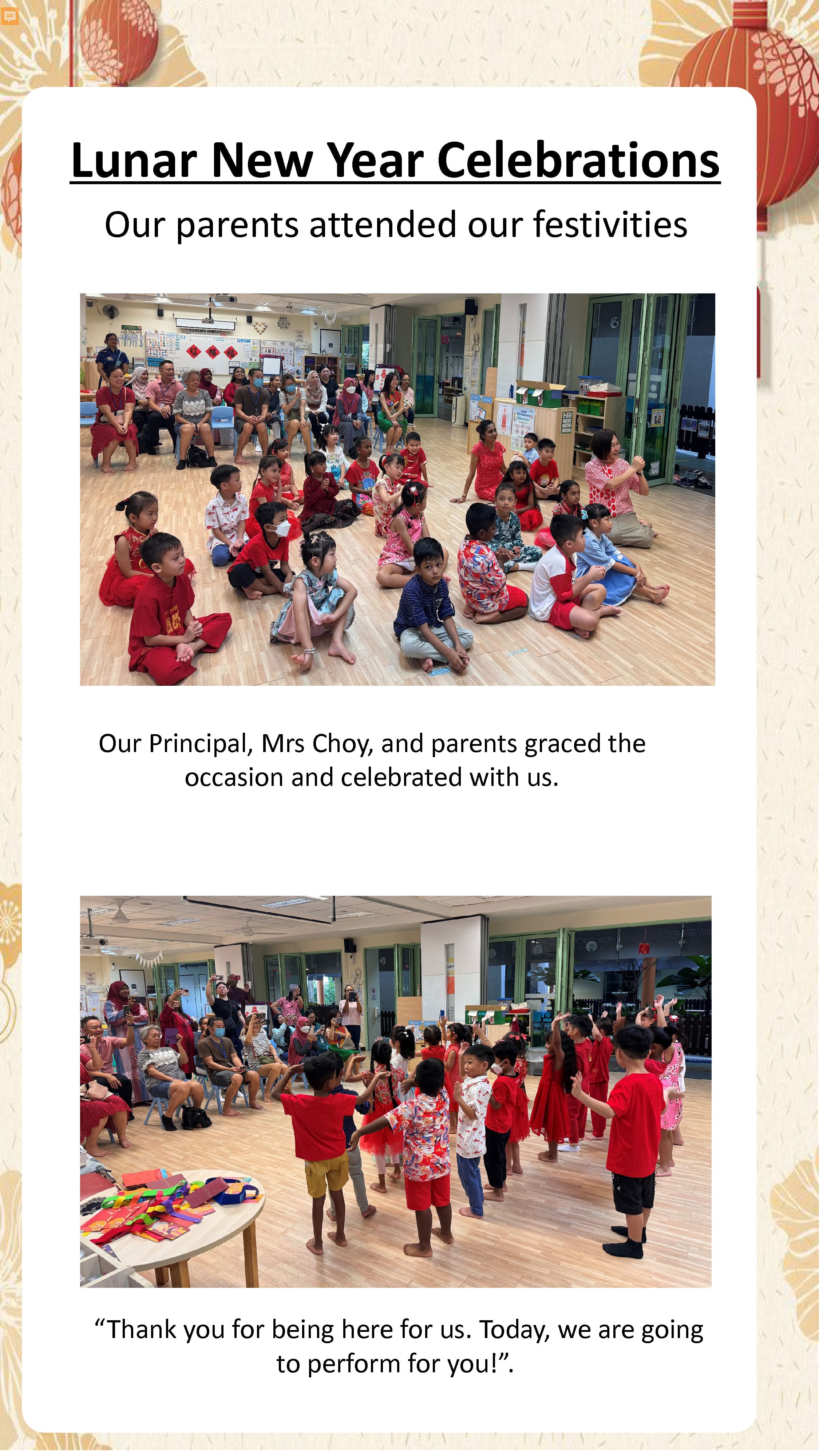 Children celebrate Lunar New Year with parents, watching performances and taking part in festive activities together.