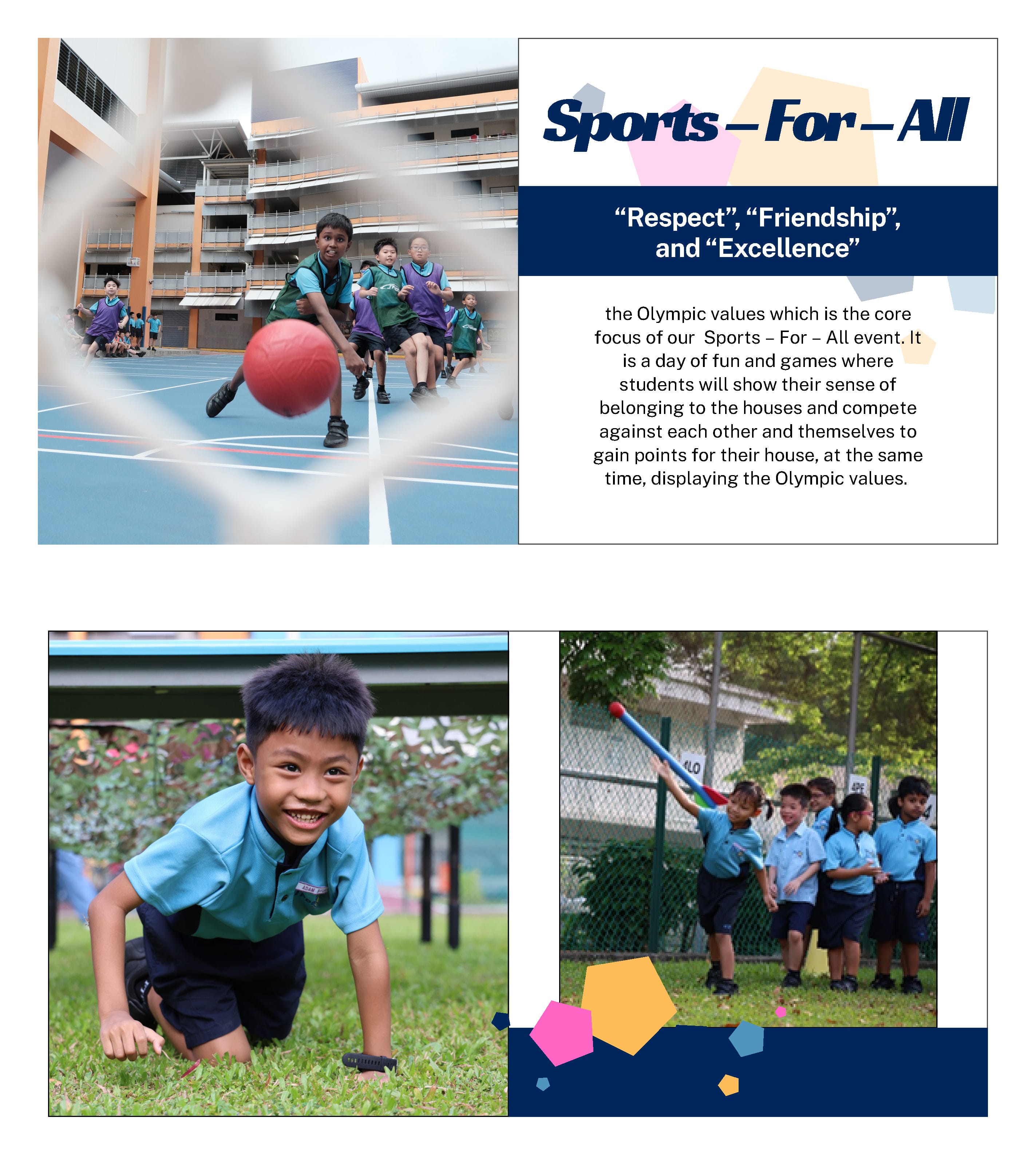 School students in uniforms play outdoor sports, with text reading Sports For All promoting Olympic values.