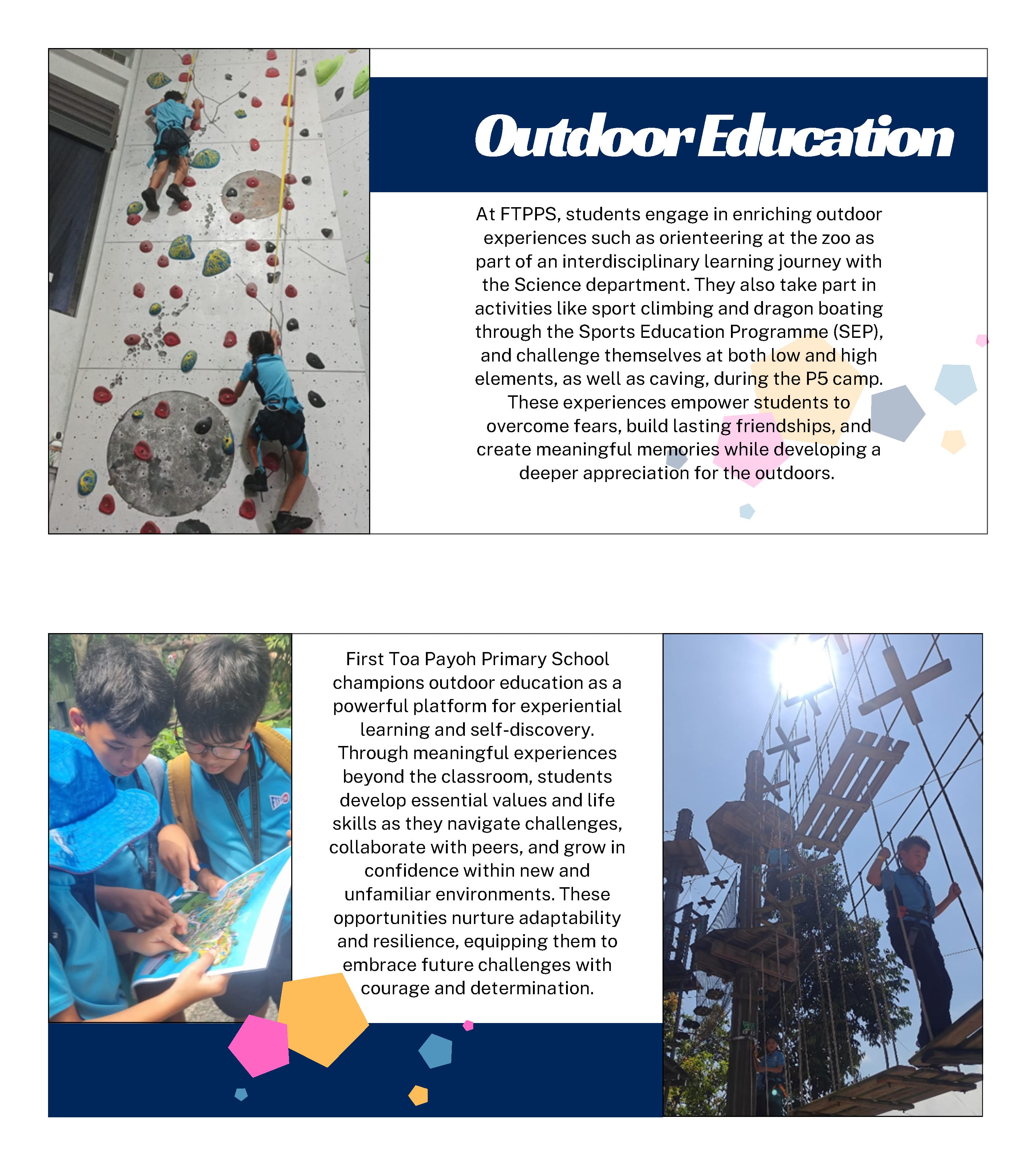 Flyer showing students rock climbing, reading a map, and on a high ropes course, with Outdoor Education text.