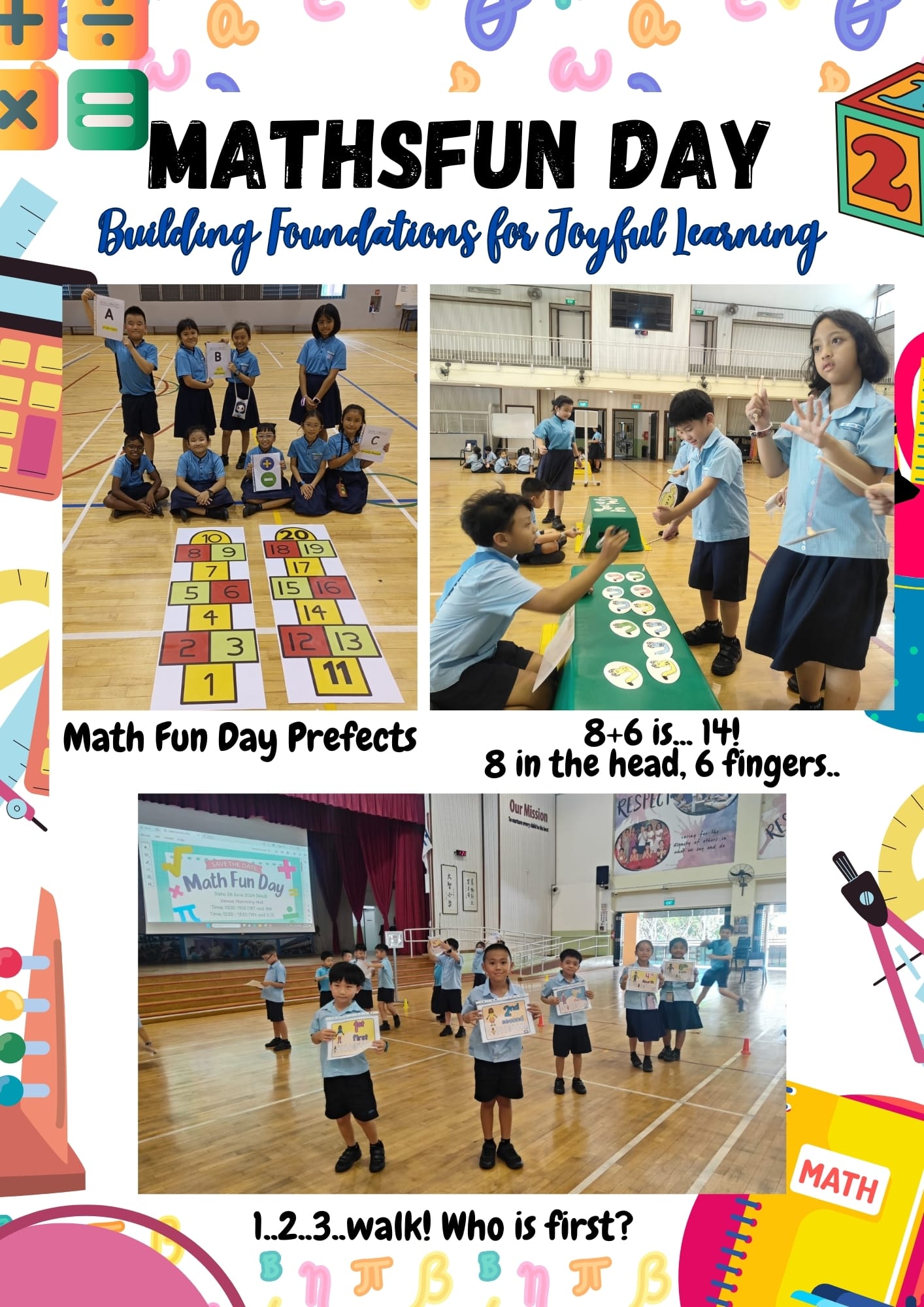 A colorful school Math Fun Day poster with three photos of young students in uniforms doing math activities in a gym.