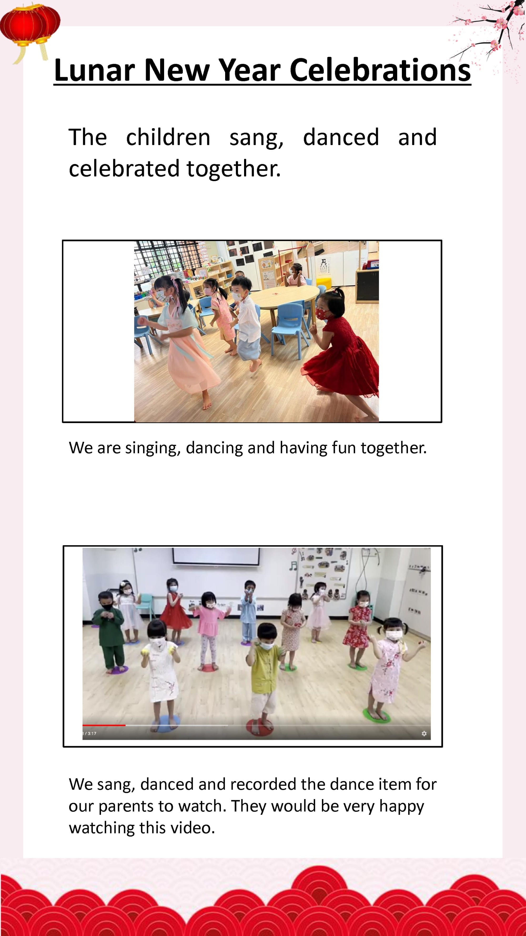 Children sing, dance and perform festive items together as part of Lunar New Year celebrations.