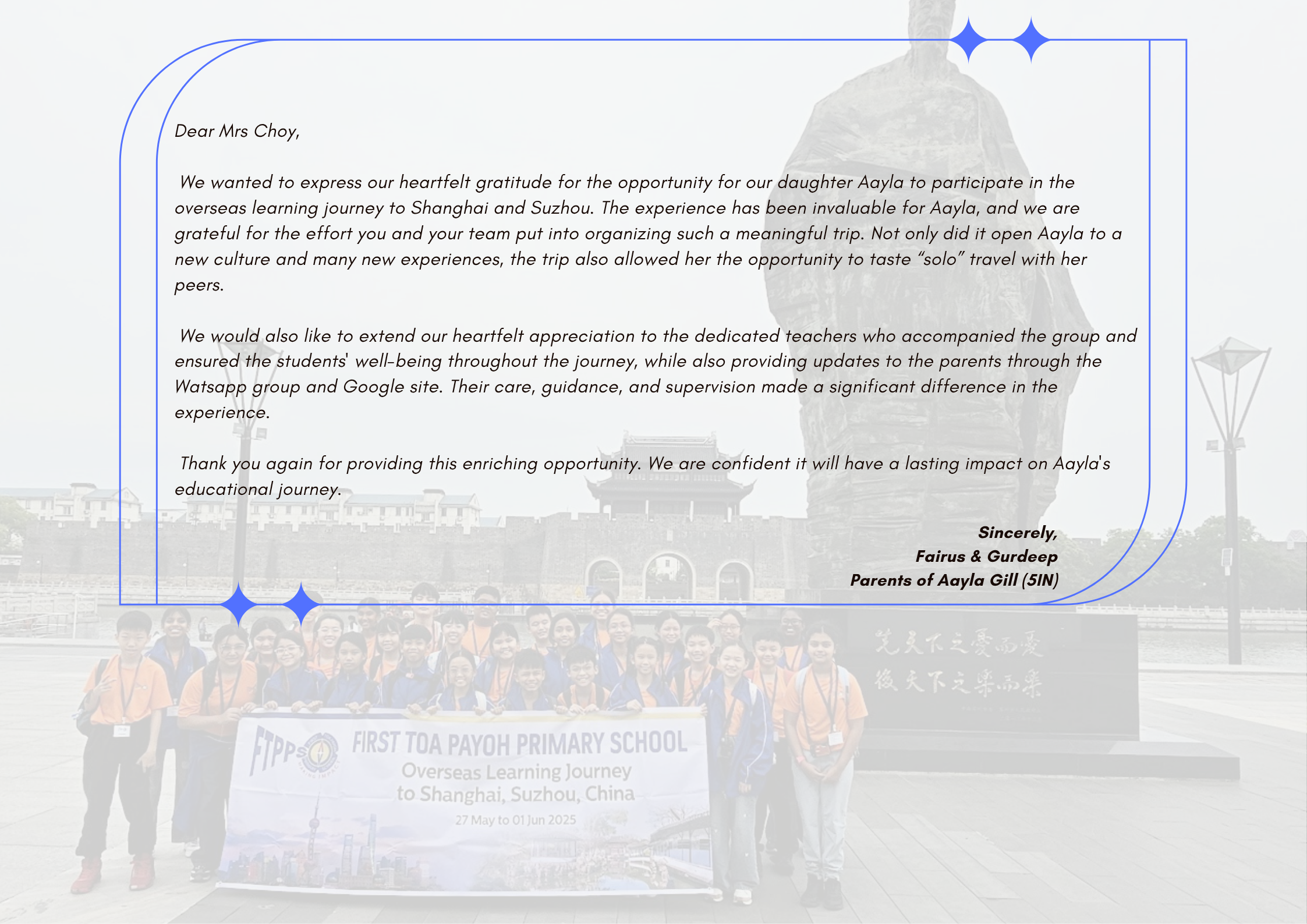 A gratitude letter to Mrs Choy overlaid on a group photo of students holding a First Toa Payoh Primary School banner.