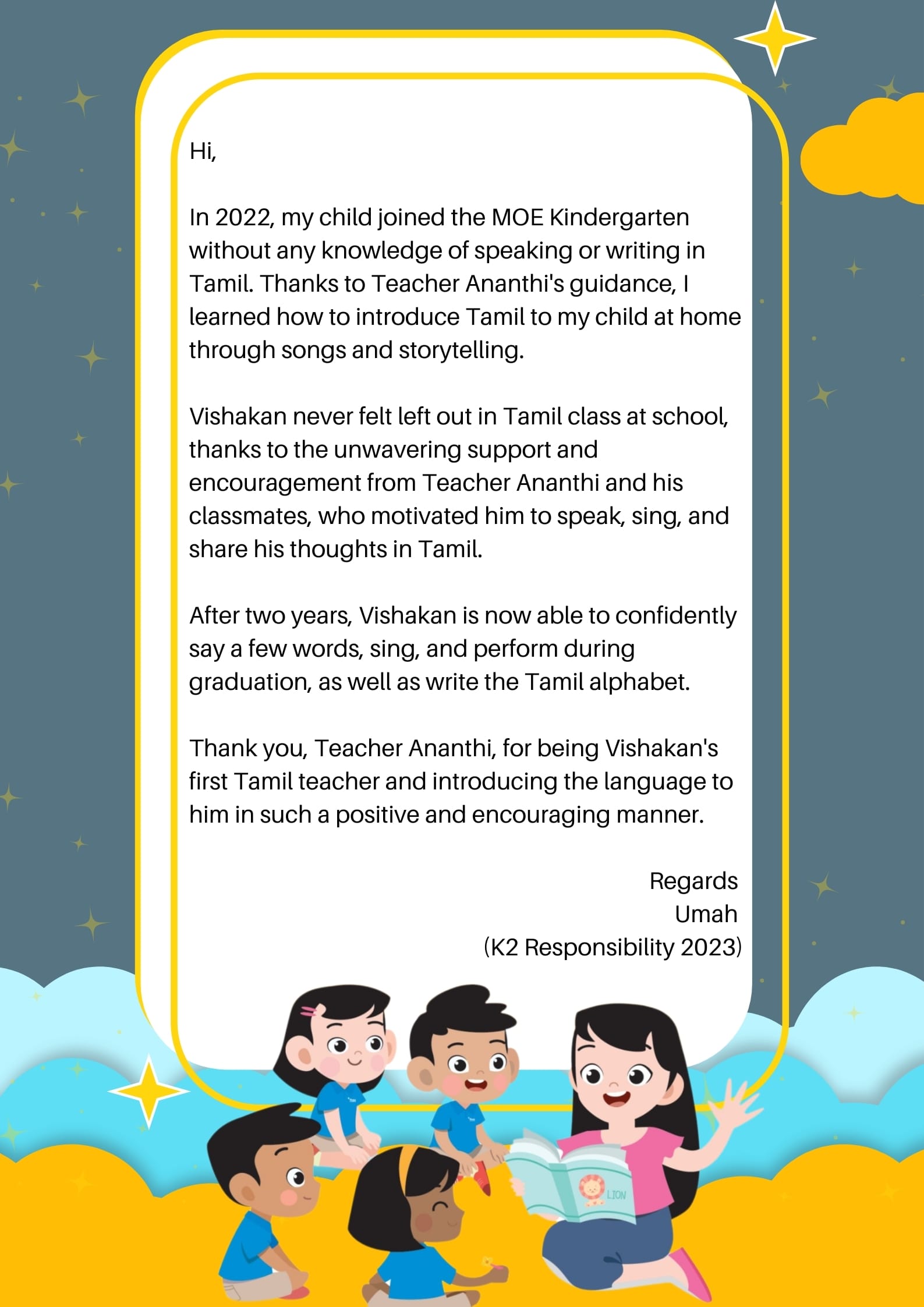 A thank-you letter from parent Umah praising Teacher Ananthi for teaching Tamil, with cartoon children reading at the bottom.