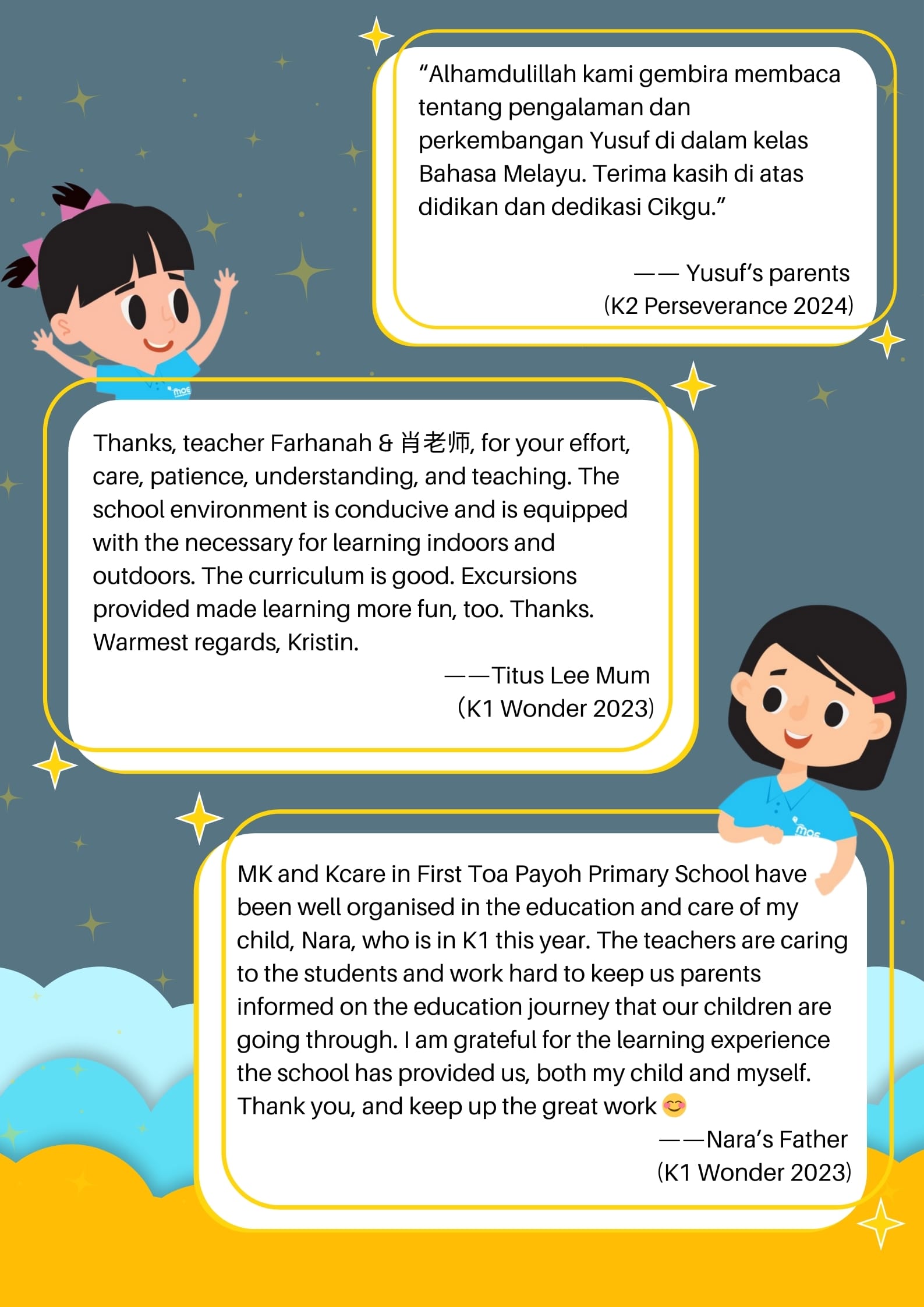 Three parent testimonials praising teachers and school, with cartoon girls in blue uniforms on a dark starry background.