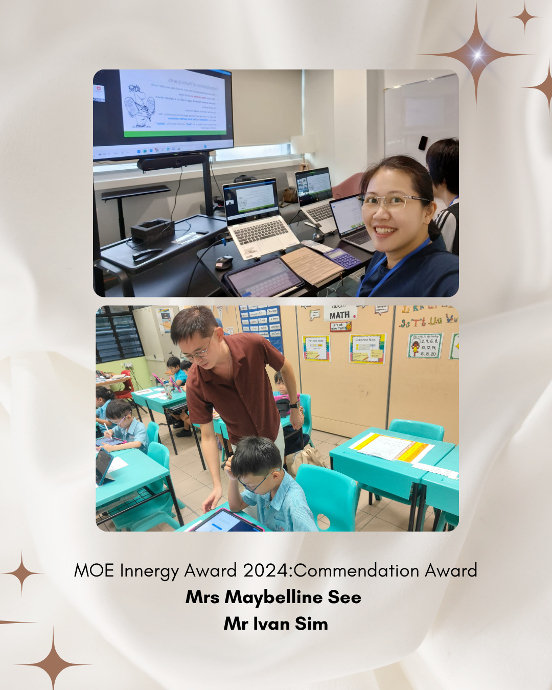 Educators receive the MOE Innergy Commendation Award for innovation and excellence in teaching and learning practices.