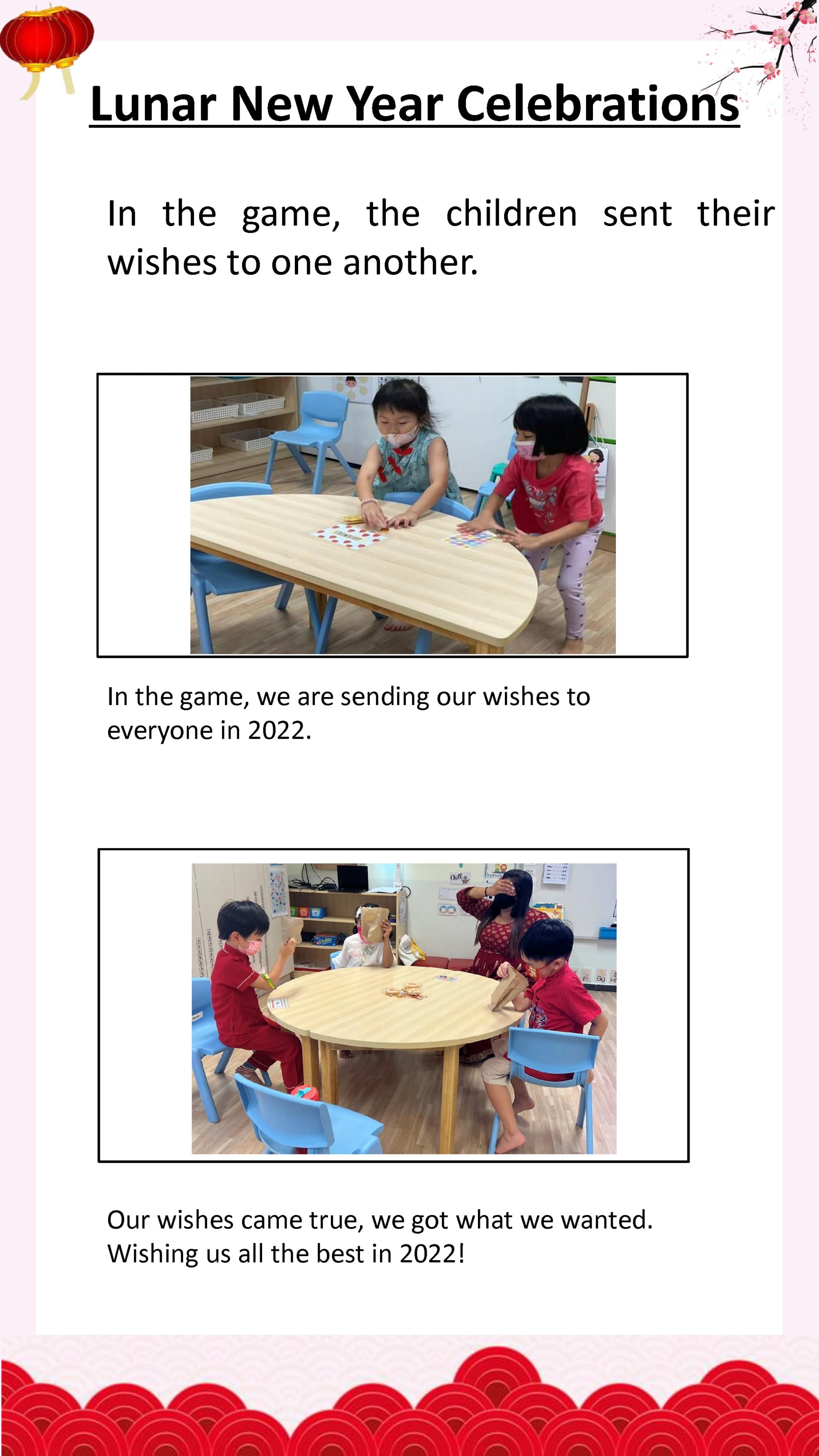 Children exchange New Year wishes through interactive games and celebrate festive traditions with classmates.
