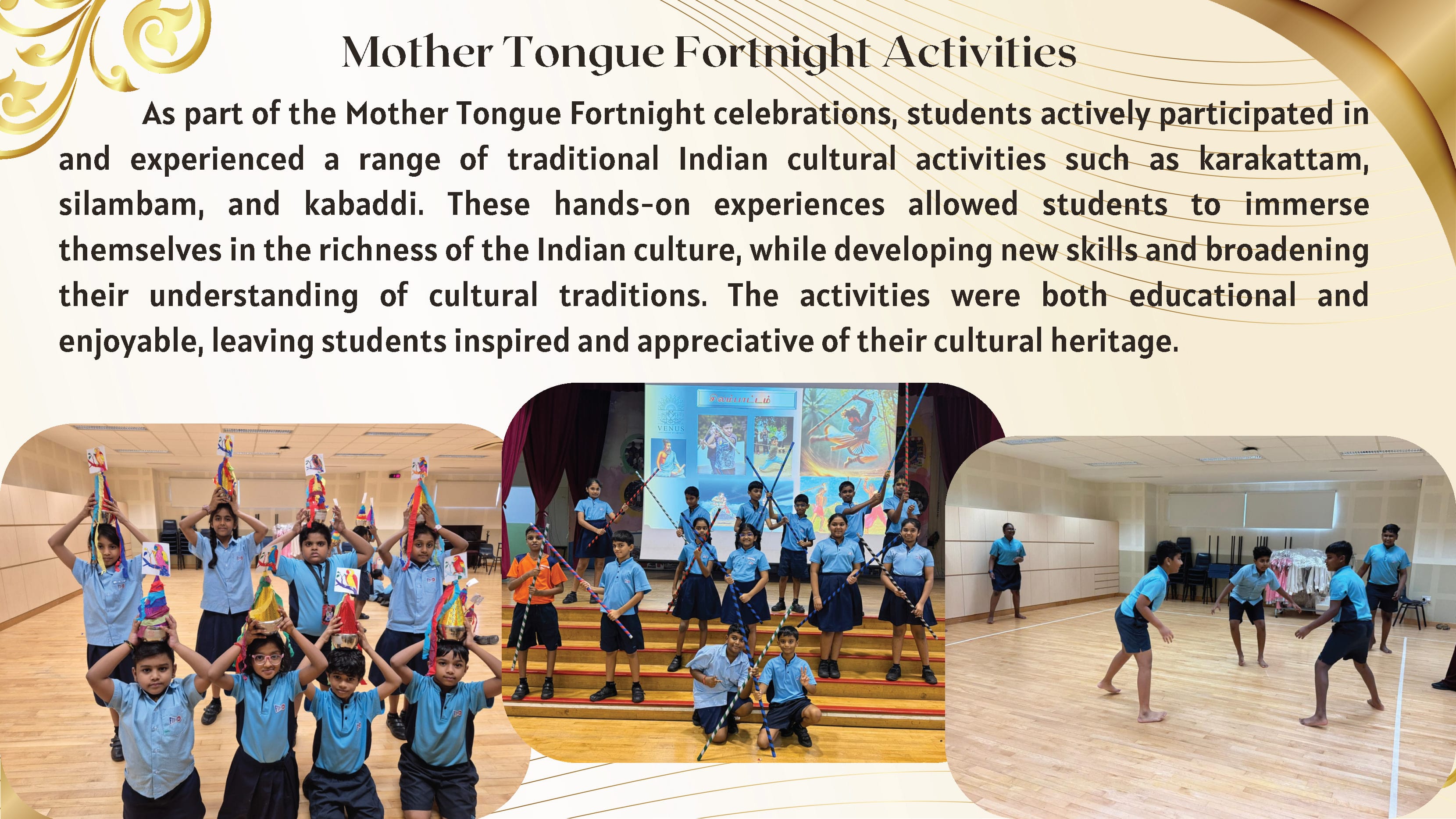 Flyer titled Mother Tongue Fortnight Activities showing three photos of school students doing karakattam, silambam, and kabaddi.