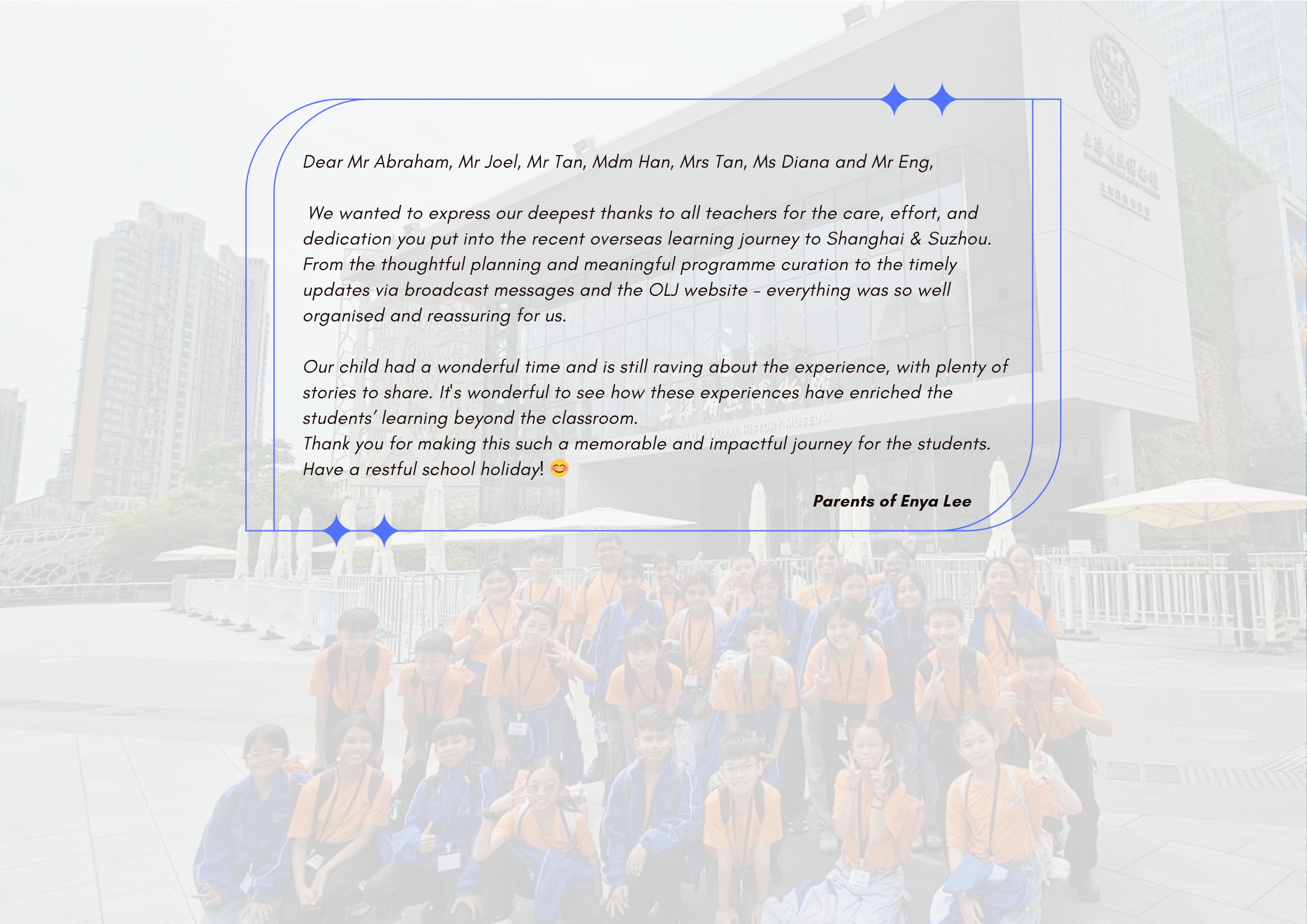 Thank you letter to teachers overlaid on a faded group photo of students in orange and blue uniforms outdoors.