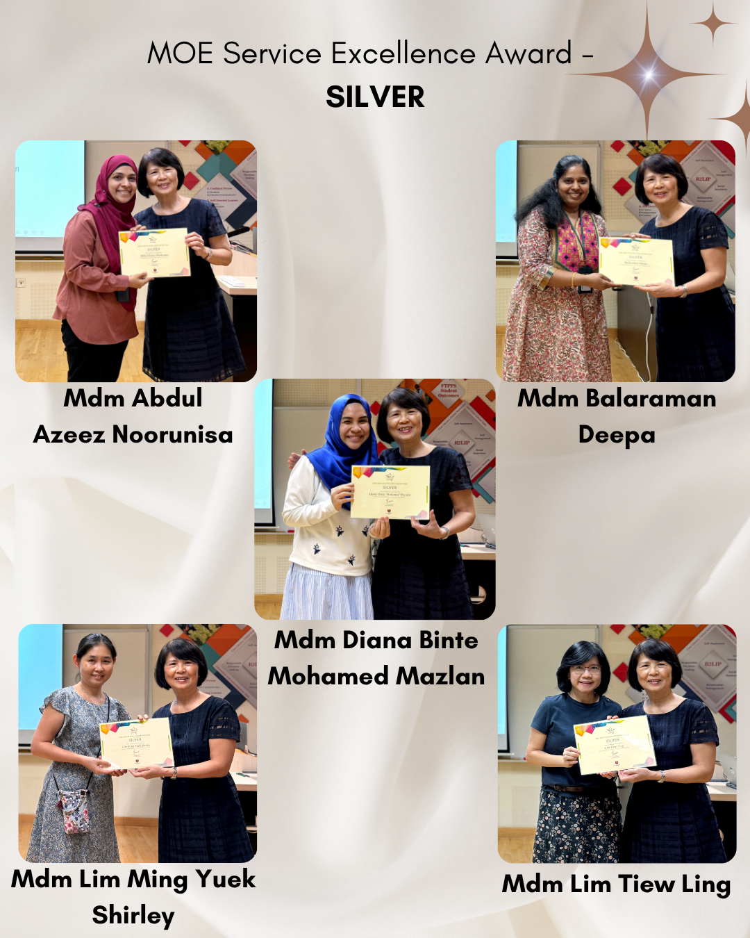 Staff members receive MOE Service Excellence Silver Awards in recognition of quality service and dedication to stakeholders.