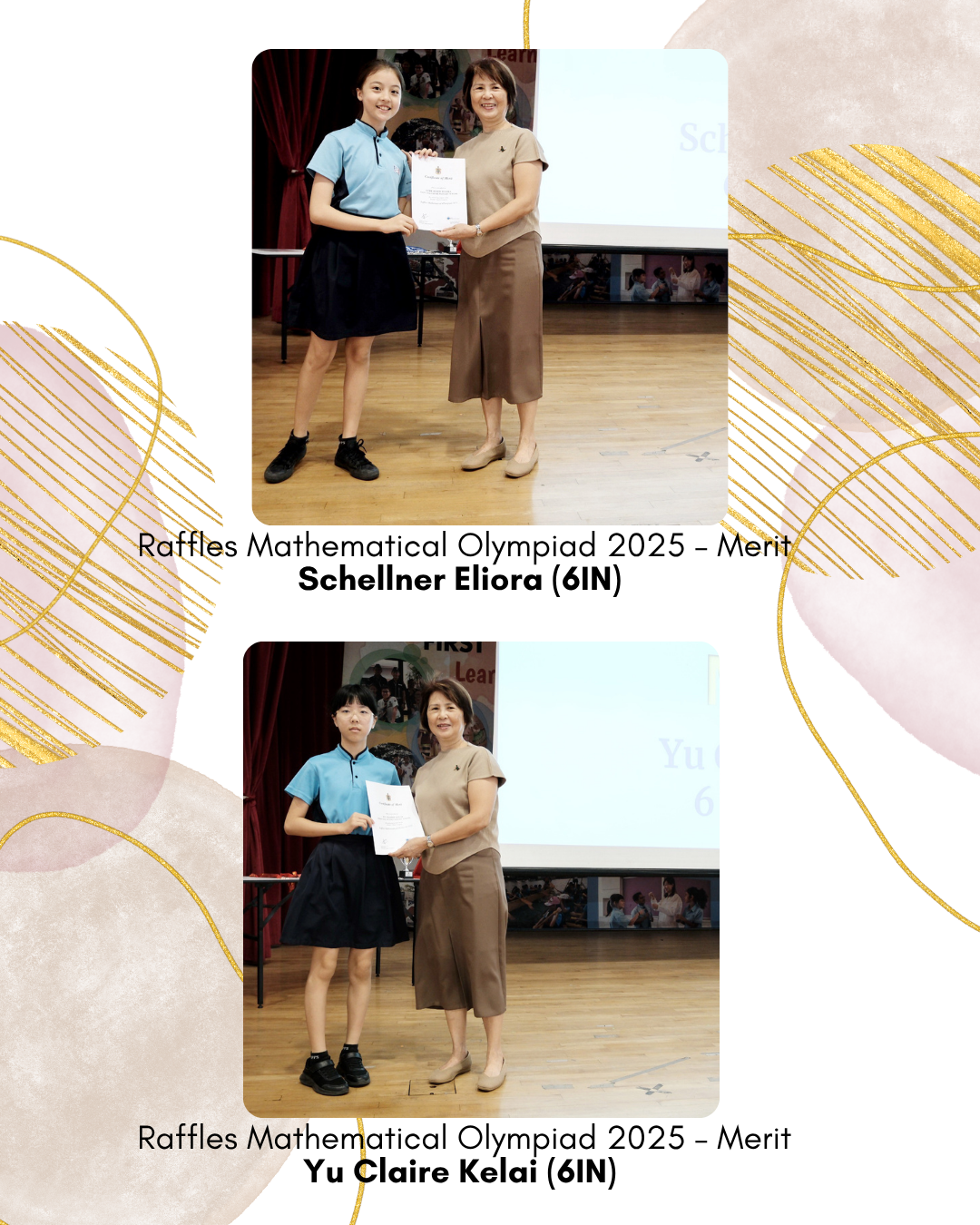 Students receive merit awards in the Raffles Mathematical Olympiad 2025 during a school achievement presentation ceremony.