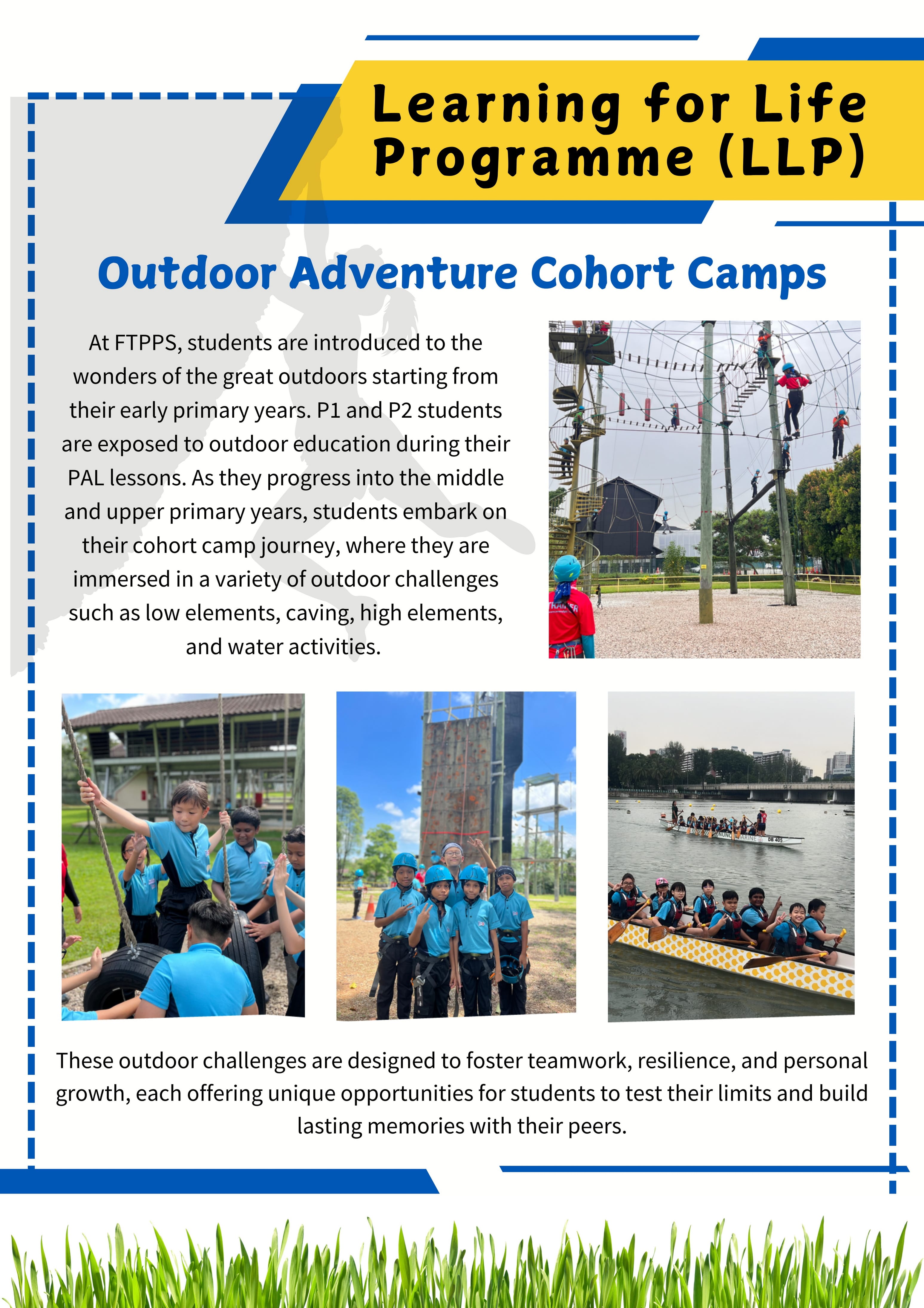 Flyer for Learning for Life Programme showing students doing high ropes, climbing, tire challenges, and dragon boating.