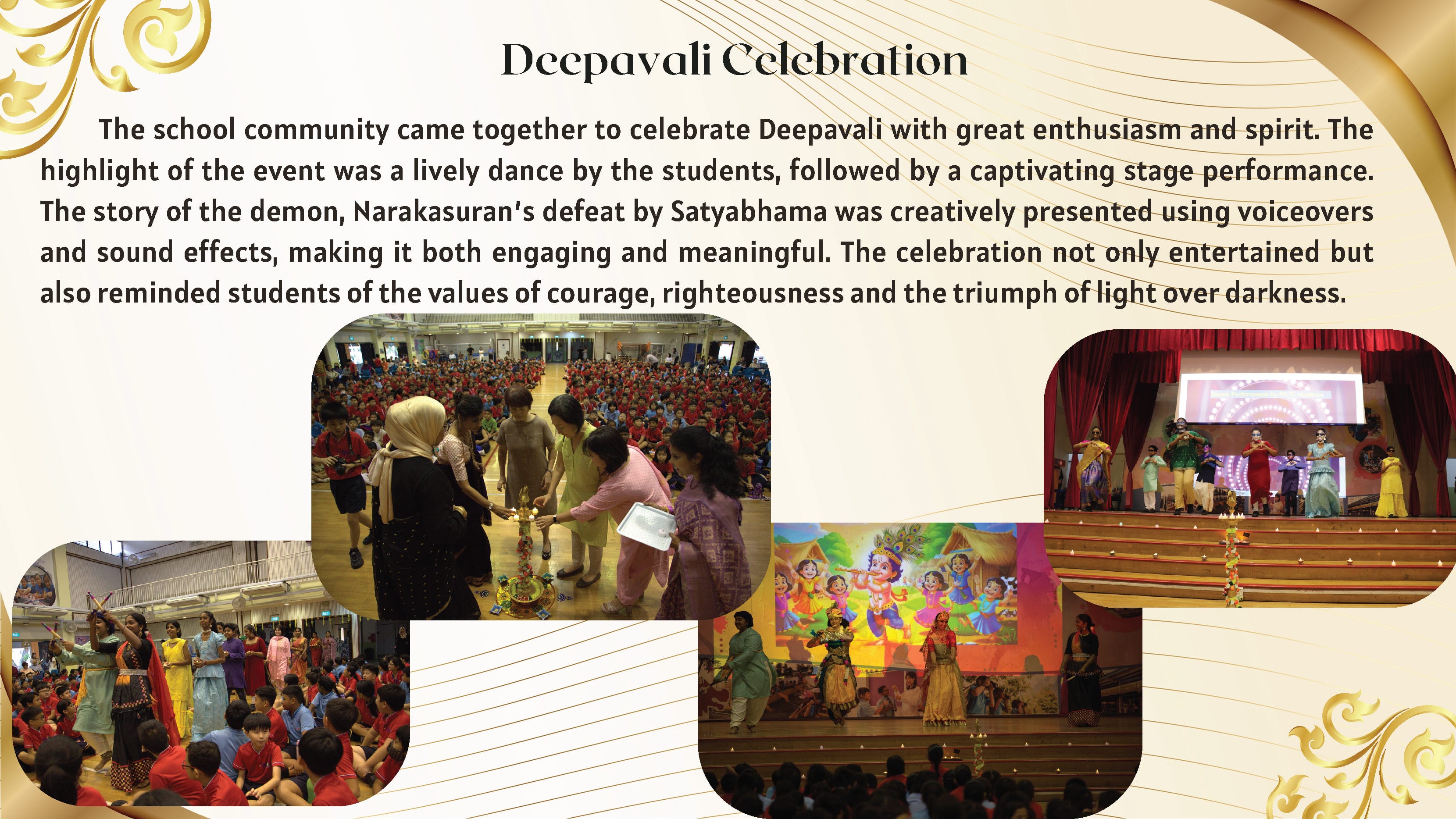 Flyer titled Deepavali Celebration with four photos of students dancing, lighting a lamp, and performing on stage.
