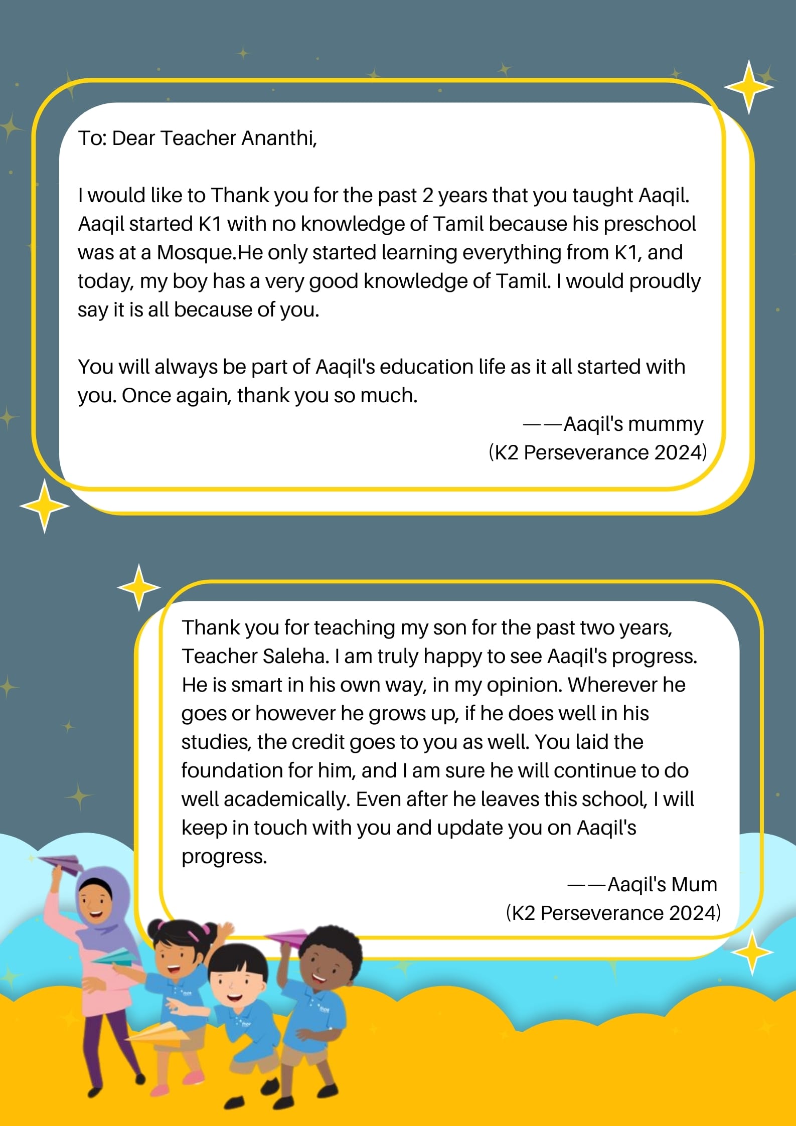 Two thank-you letters to teachers Ananthi and Saleha from Aaqil's mum, with cartoon children at the bottom.