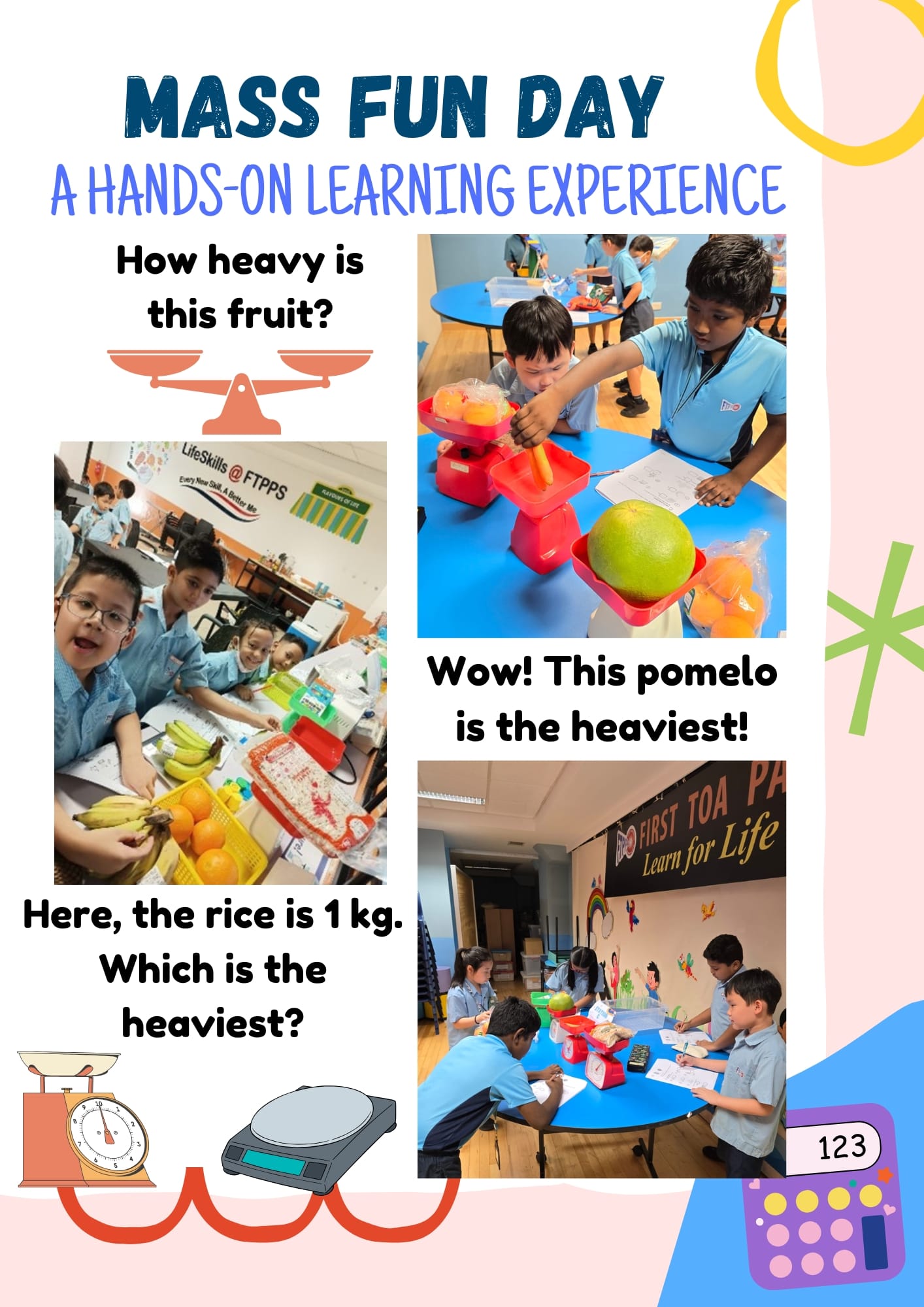 School poster titled Mass Fun Day showing children weighing fruits like pomelo and bananas using scales.