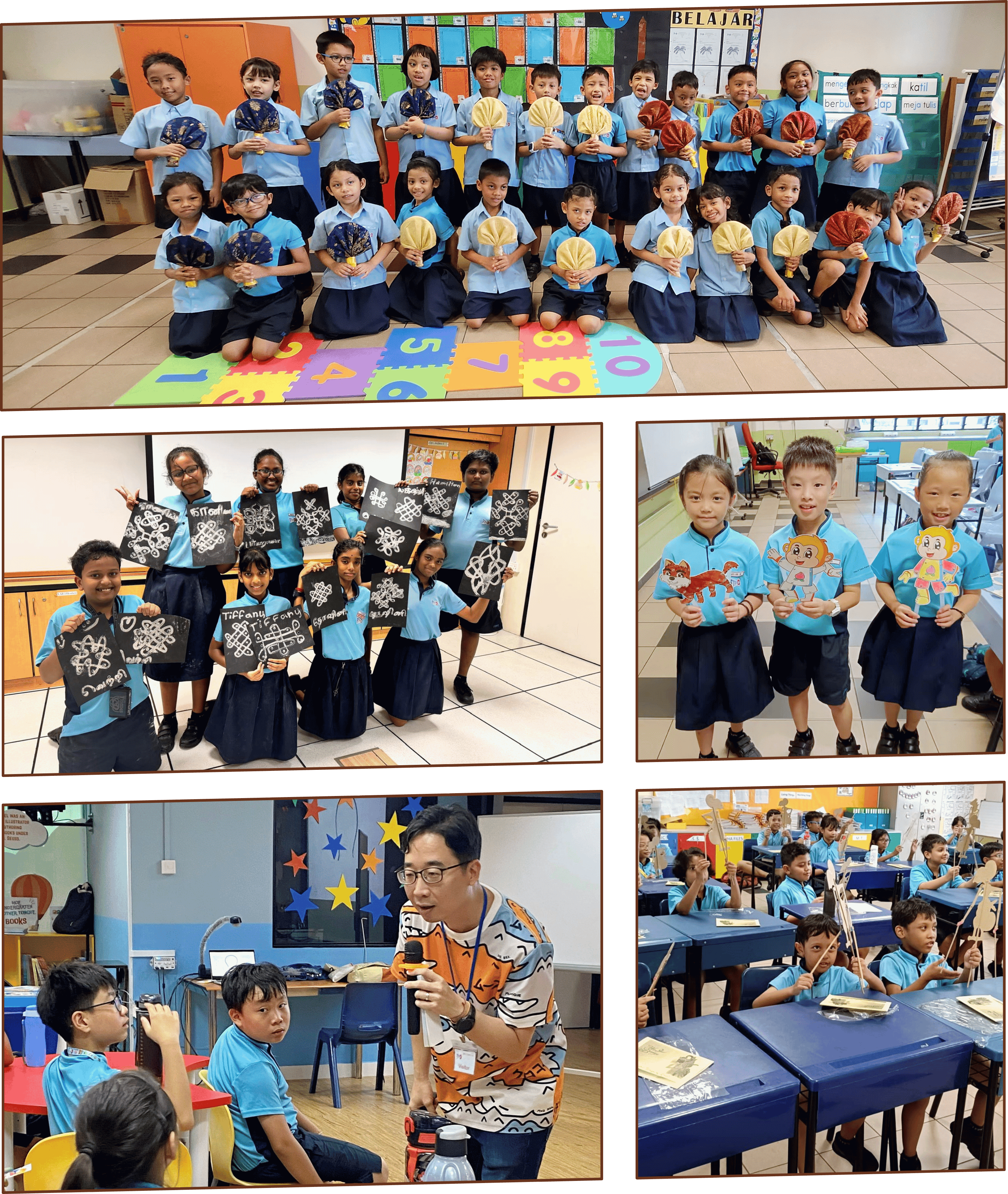 Five classroom scenes showing young students in blue uniforms holding fans, artwork, and craft projects during school activities.