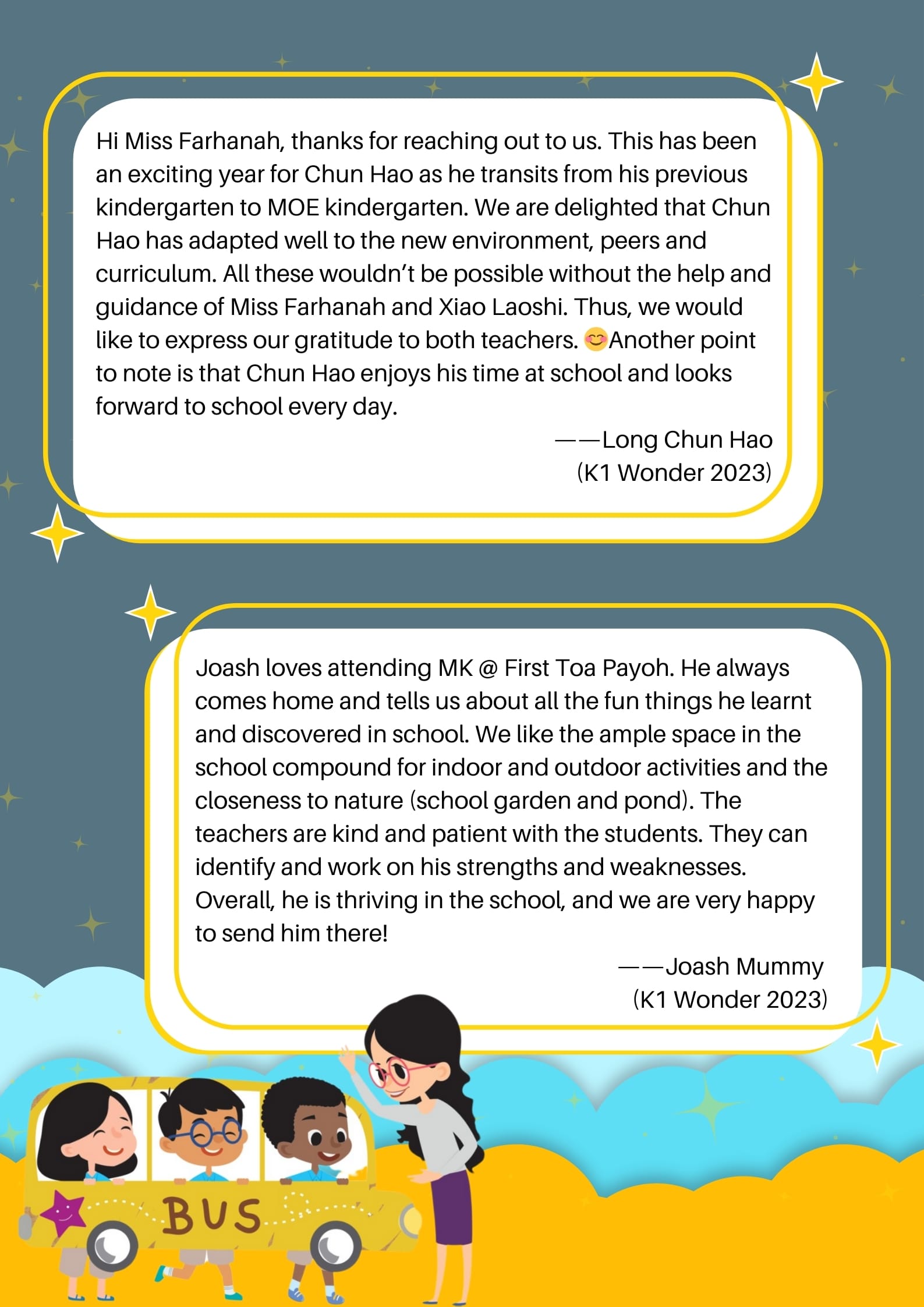 Two parent testimonials about kindergarten experiences, with a cartoon school bus and teacher illustration at the bottom.