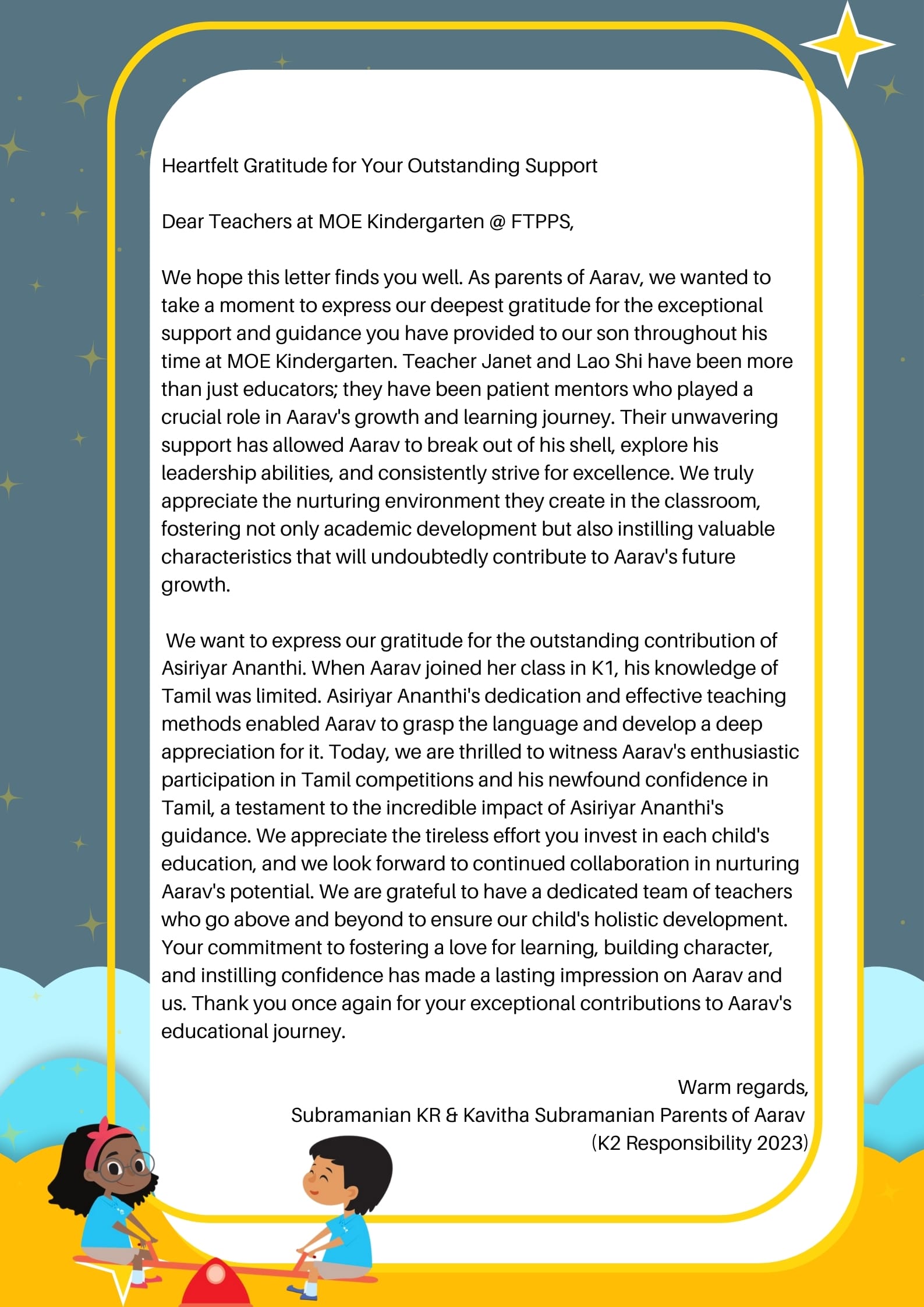 A gratitude letter to MOE Kindergarten teachers from parents of Aarav, with cartoon children at the bottom.