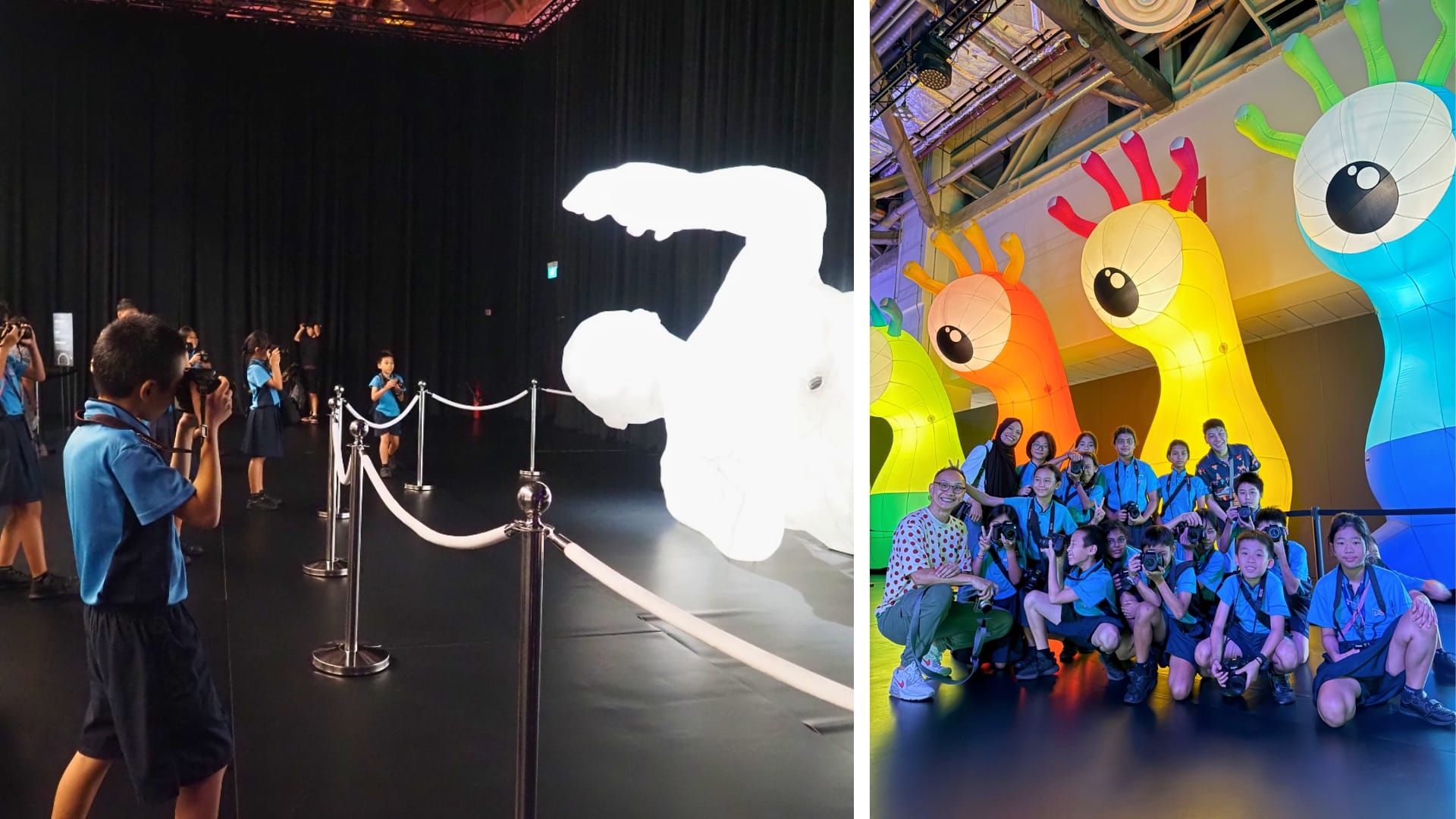 Students use cameras to photograph light art exhibits and pose as a group beneath colorful illuminated installations.