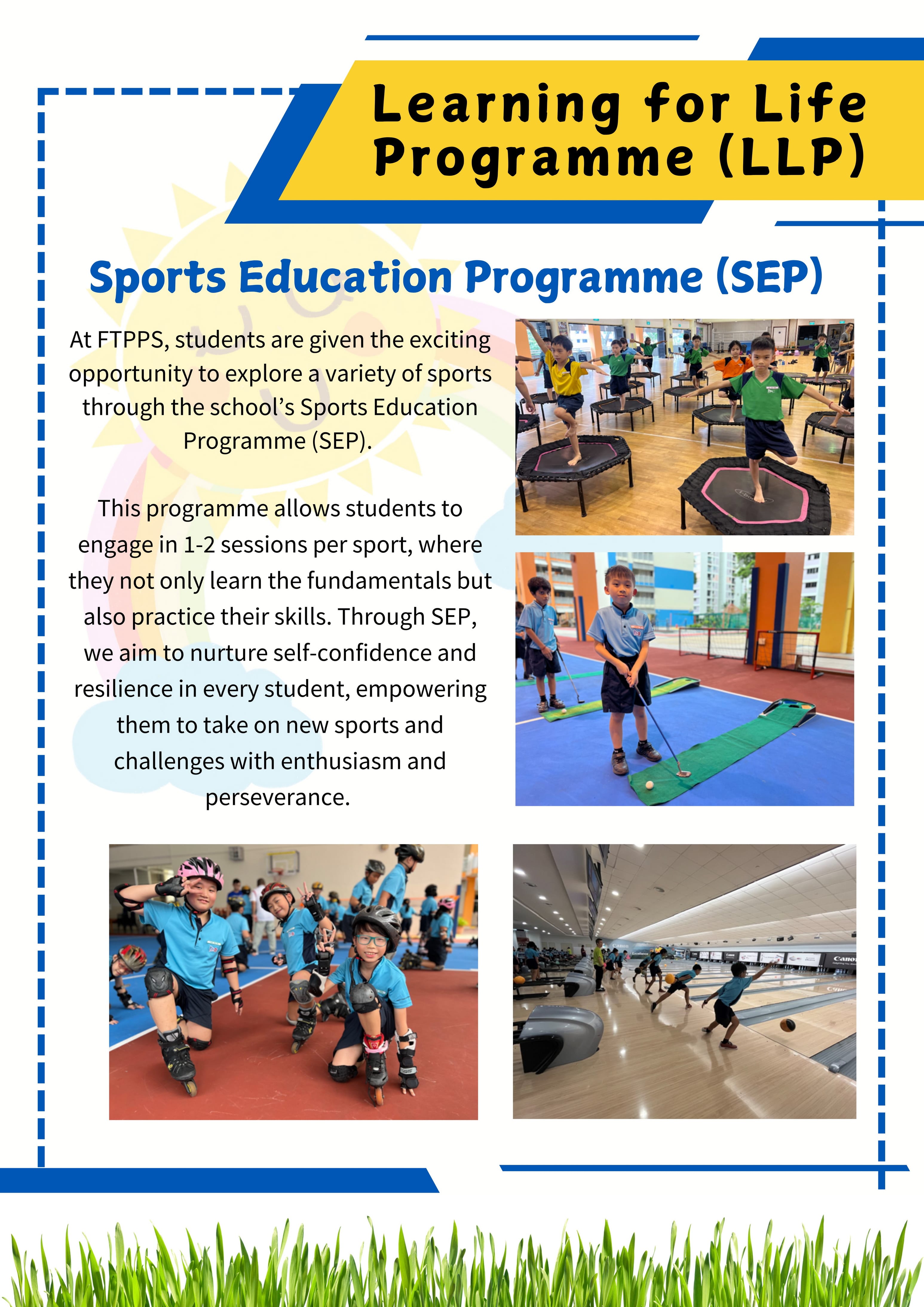 Flyer for Learning for Life Programme showing students trampolining, golfing, rollerblading, and bowling.