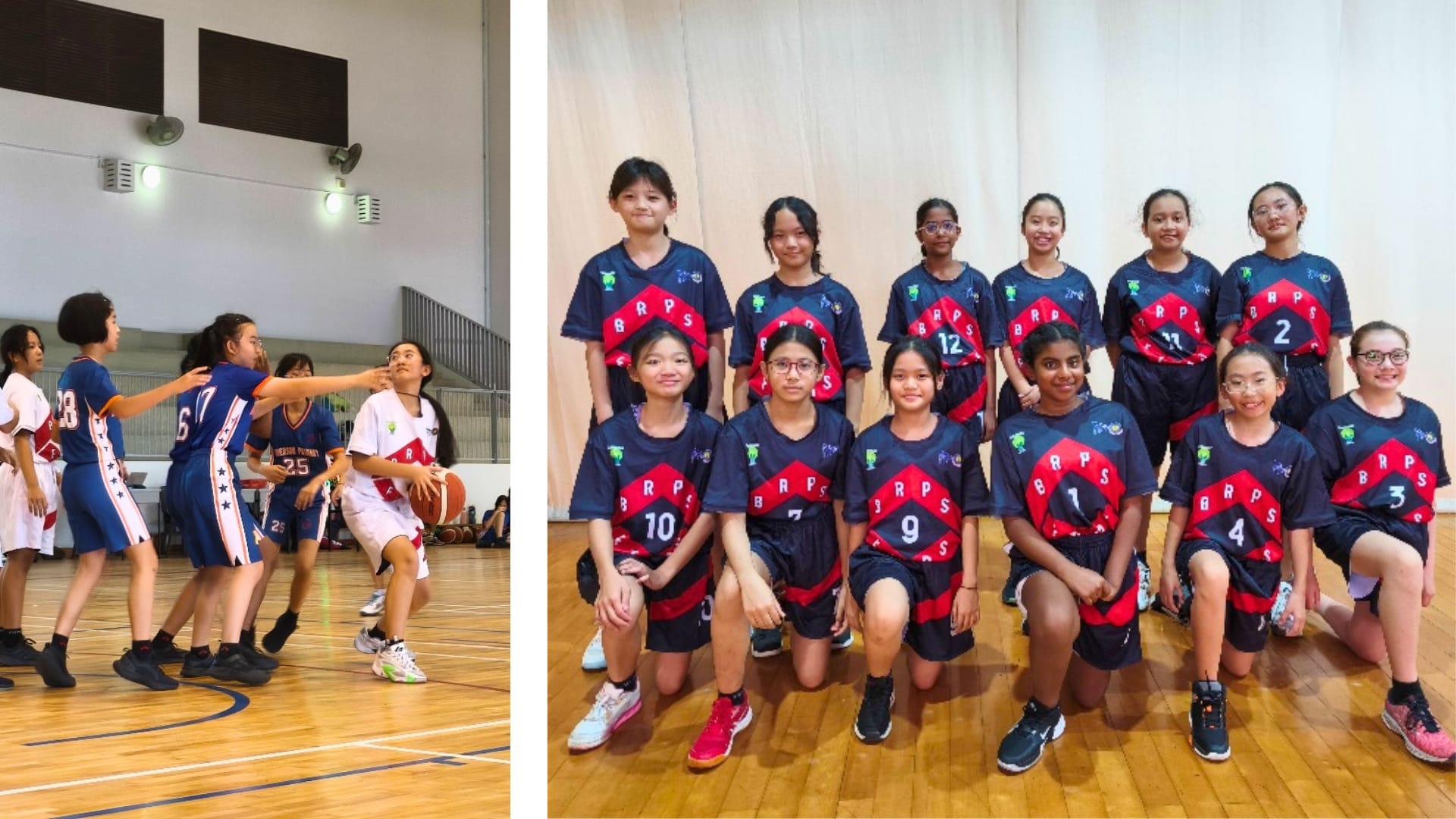 School basketball team photo beside an action shot of a game, showing players in matching jerseys on an indoor court.
