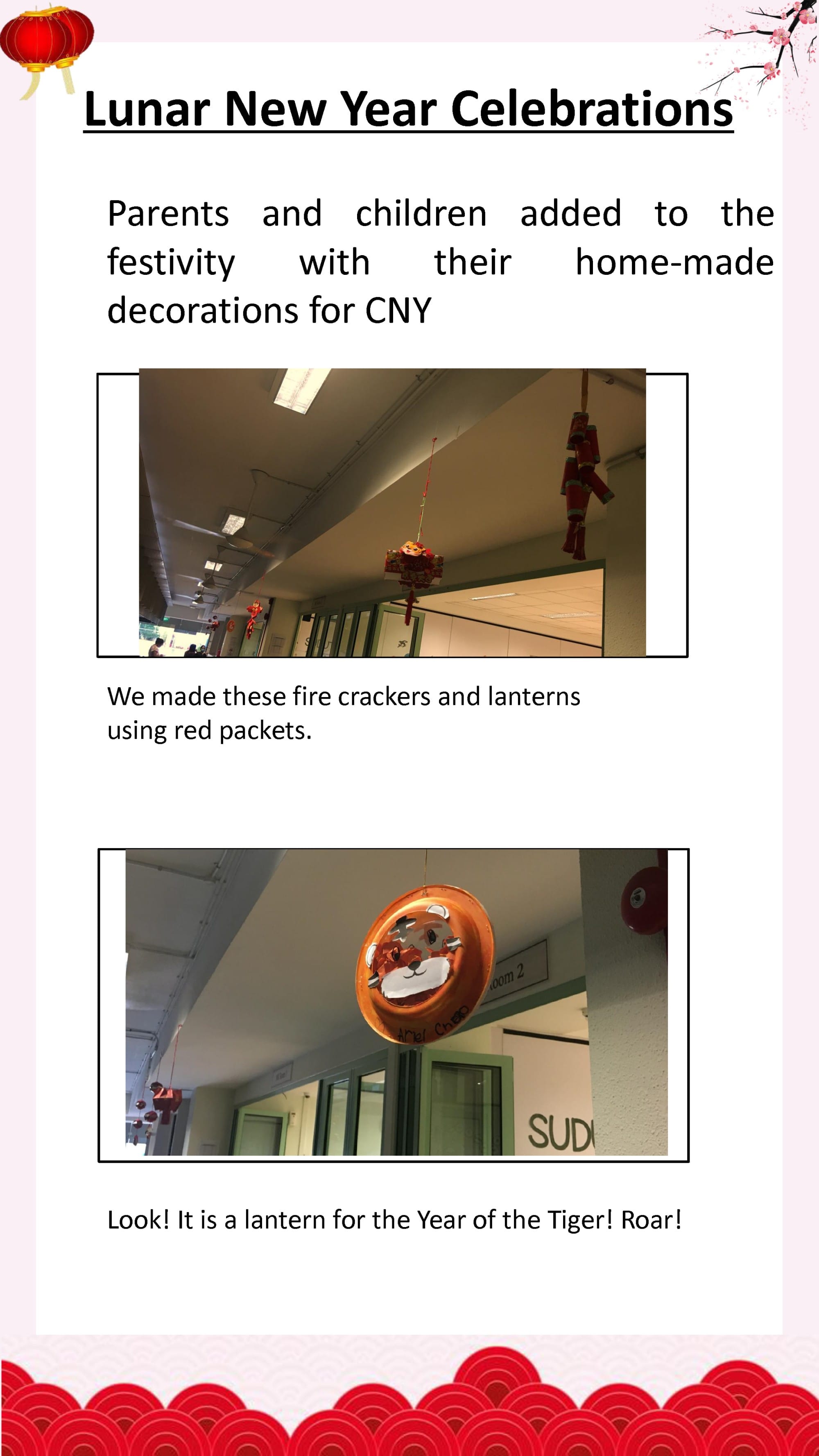 Children and families create Lunar New Year decorations, including lanterns and festive ornaments, for the school.