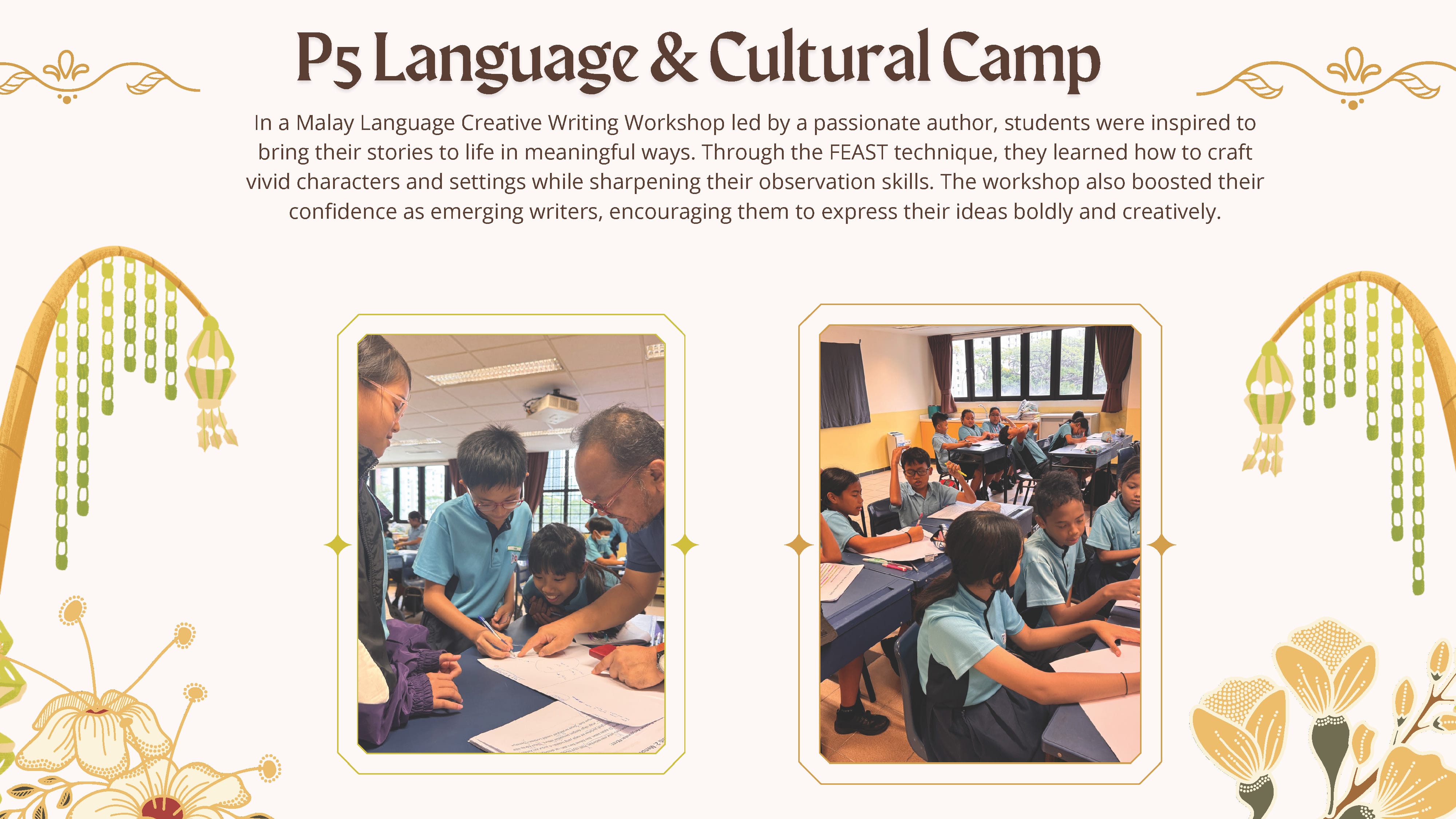 Flyer for P5 Language and Cultural Camp showing students in blue uniforms writing during a Malay creative workshop.