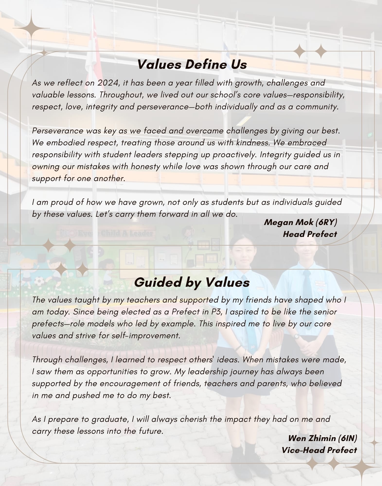 Two student prefect messages titled Values Define Us and Guided by Values, signed by Megan Mok and Wen Zhimin.