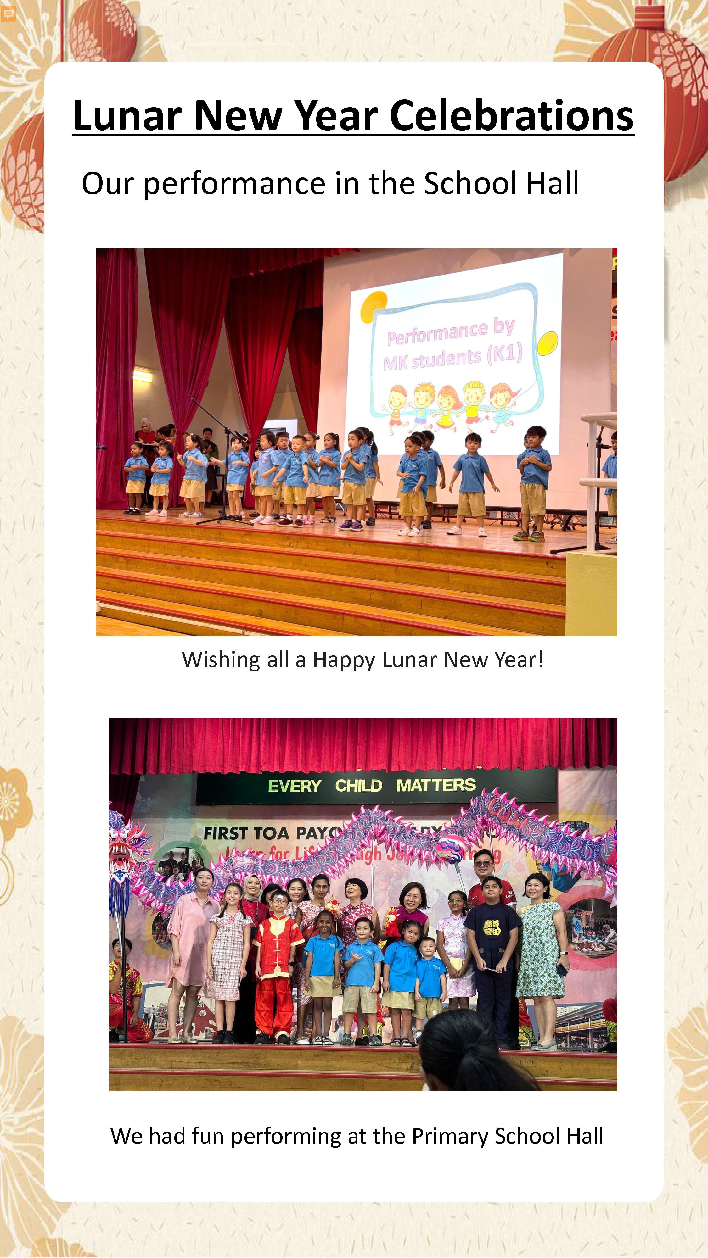 Children perform Lunar New Year songs at a school hall and join teachers in a festive celebration featuring a dragon dance performance.