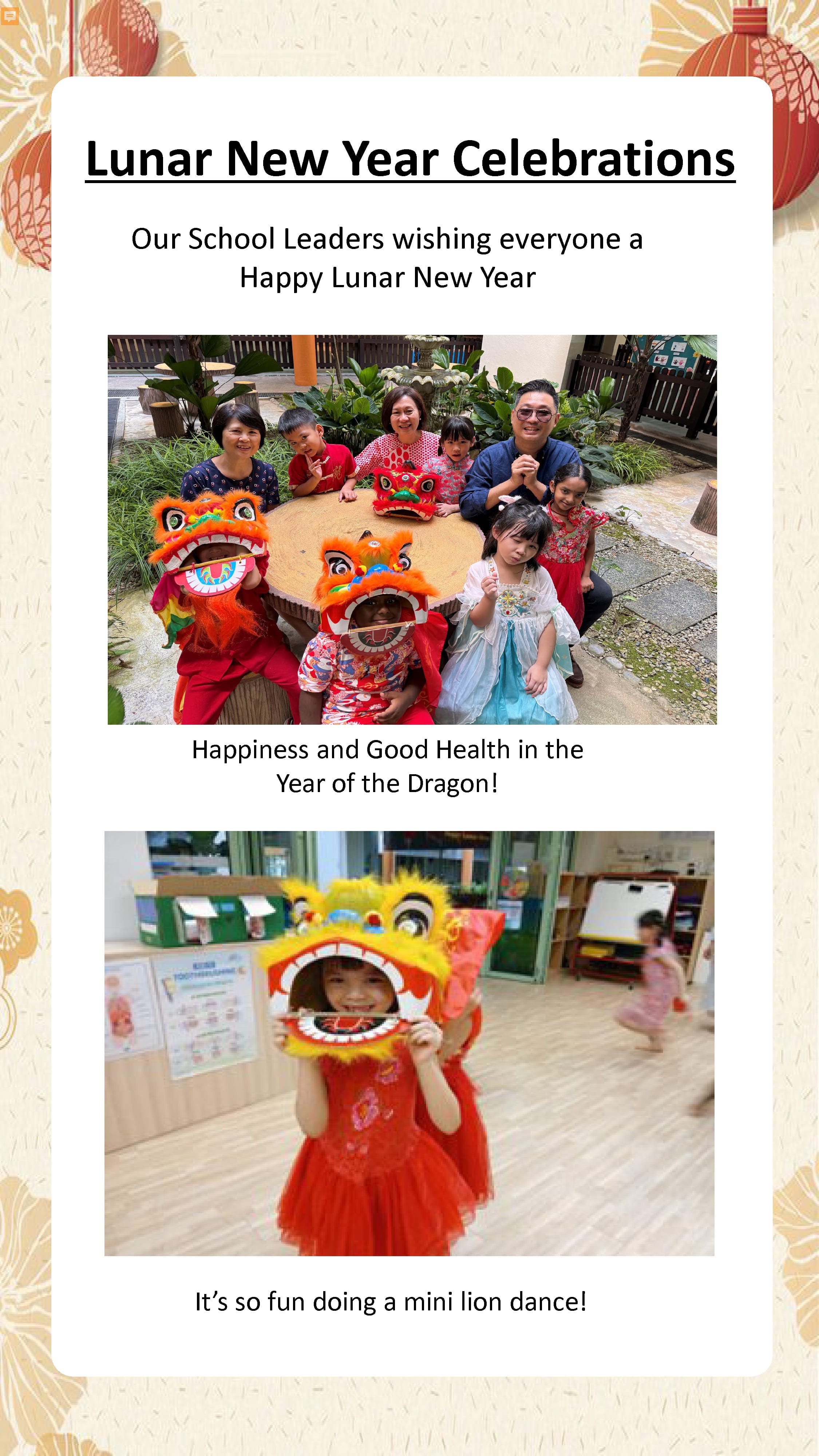 Children and school leaders share Lunar New Year greetings, enjoy lion dance role-play, and celebrate the Year of the Dragon.